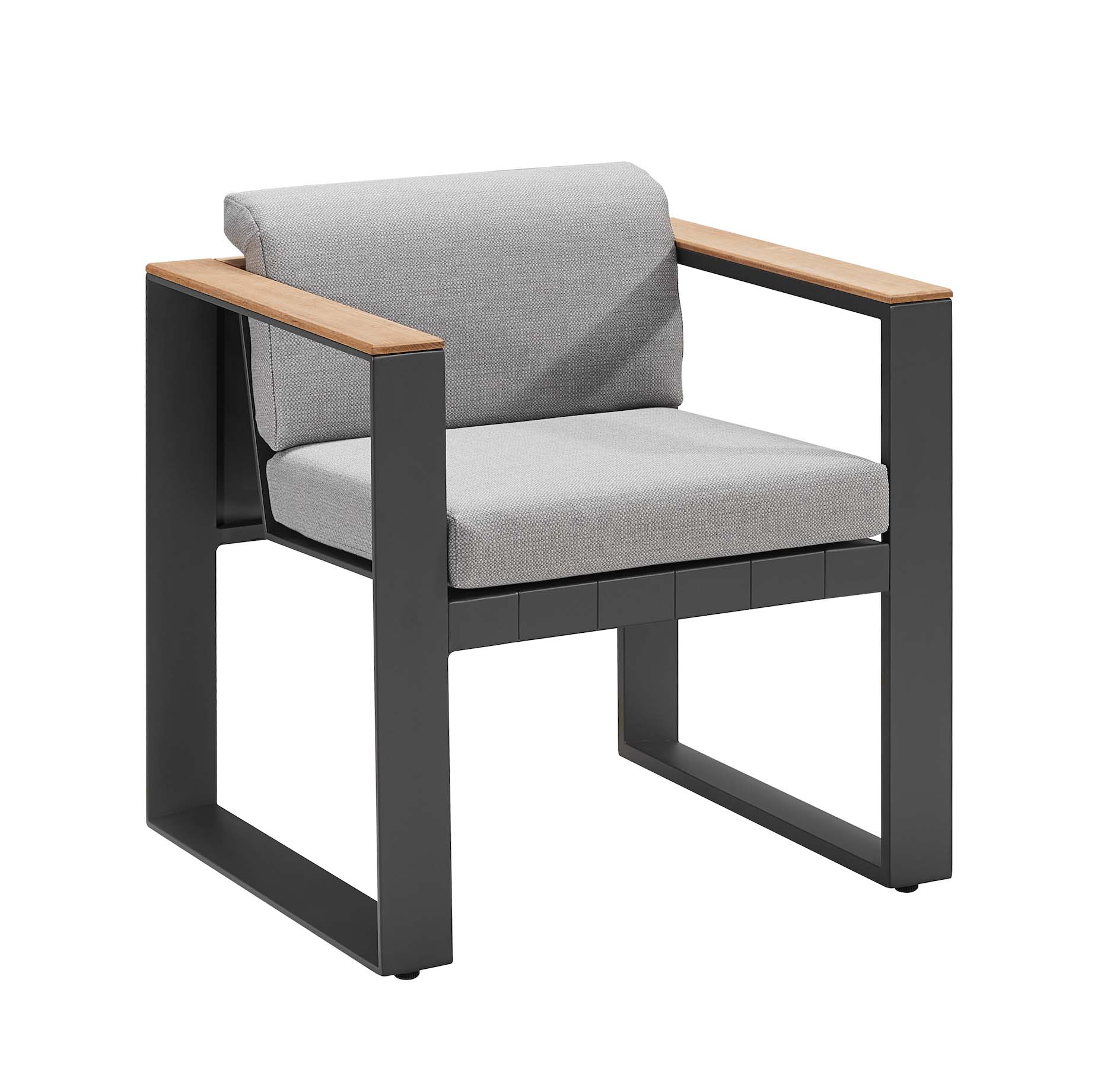 Fauteuil jardin design contemporain en aluminium noir mat, accoudoirs en Teck SFC, coussins gris en tissu acrylique.