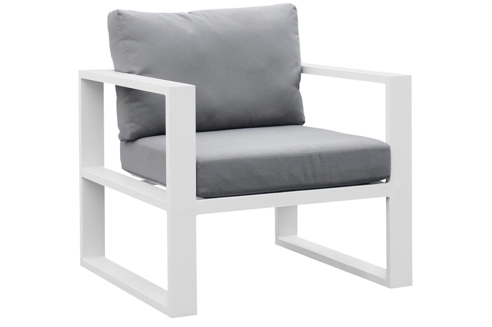 Fauteuil modulable haut de gamme en aluminium blanc avec coussins gris, design élégant pour jardin extérieur luxe, matériaux.