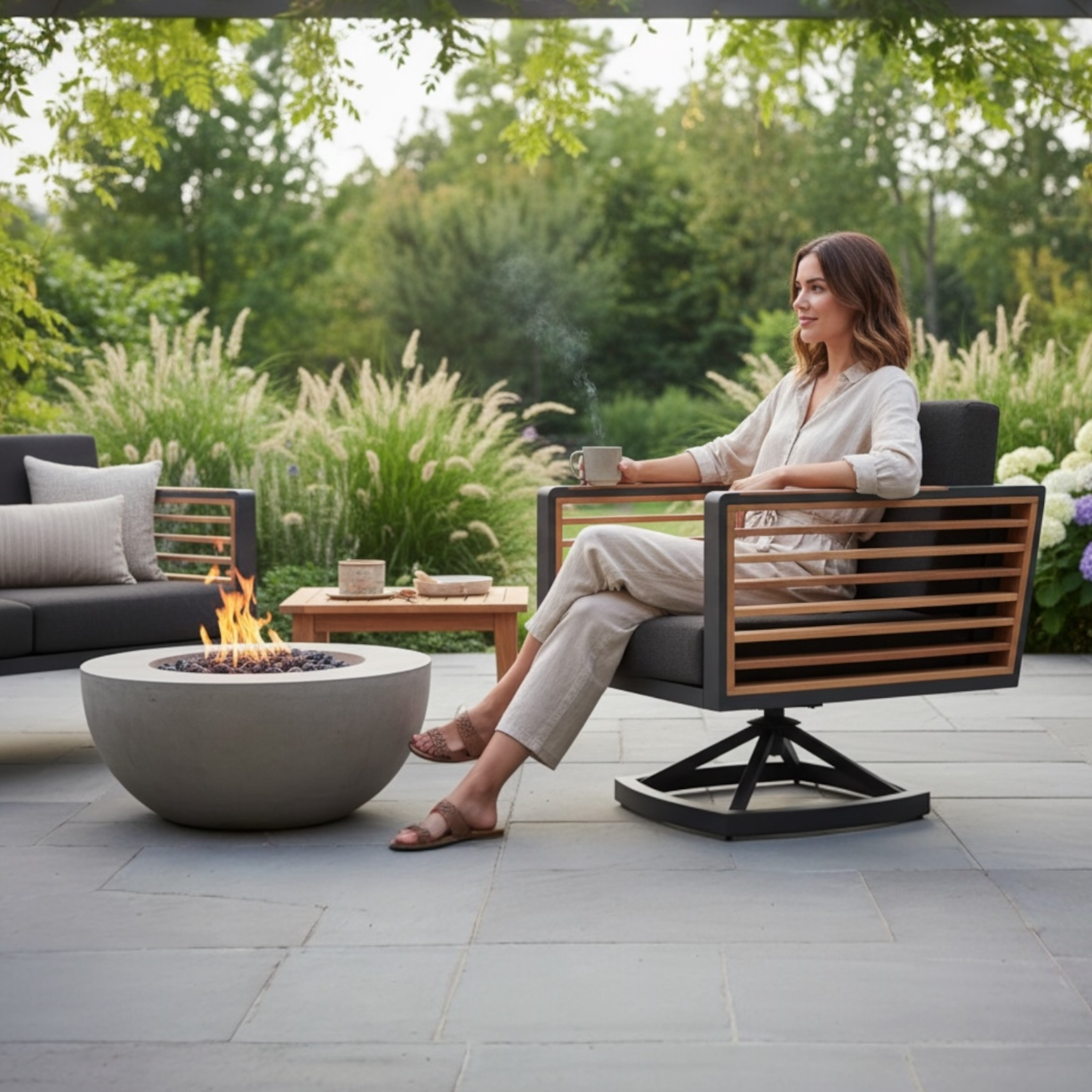 Fauteuil pivotant luxueux en aluminium gris anthracite et teck FSC