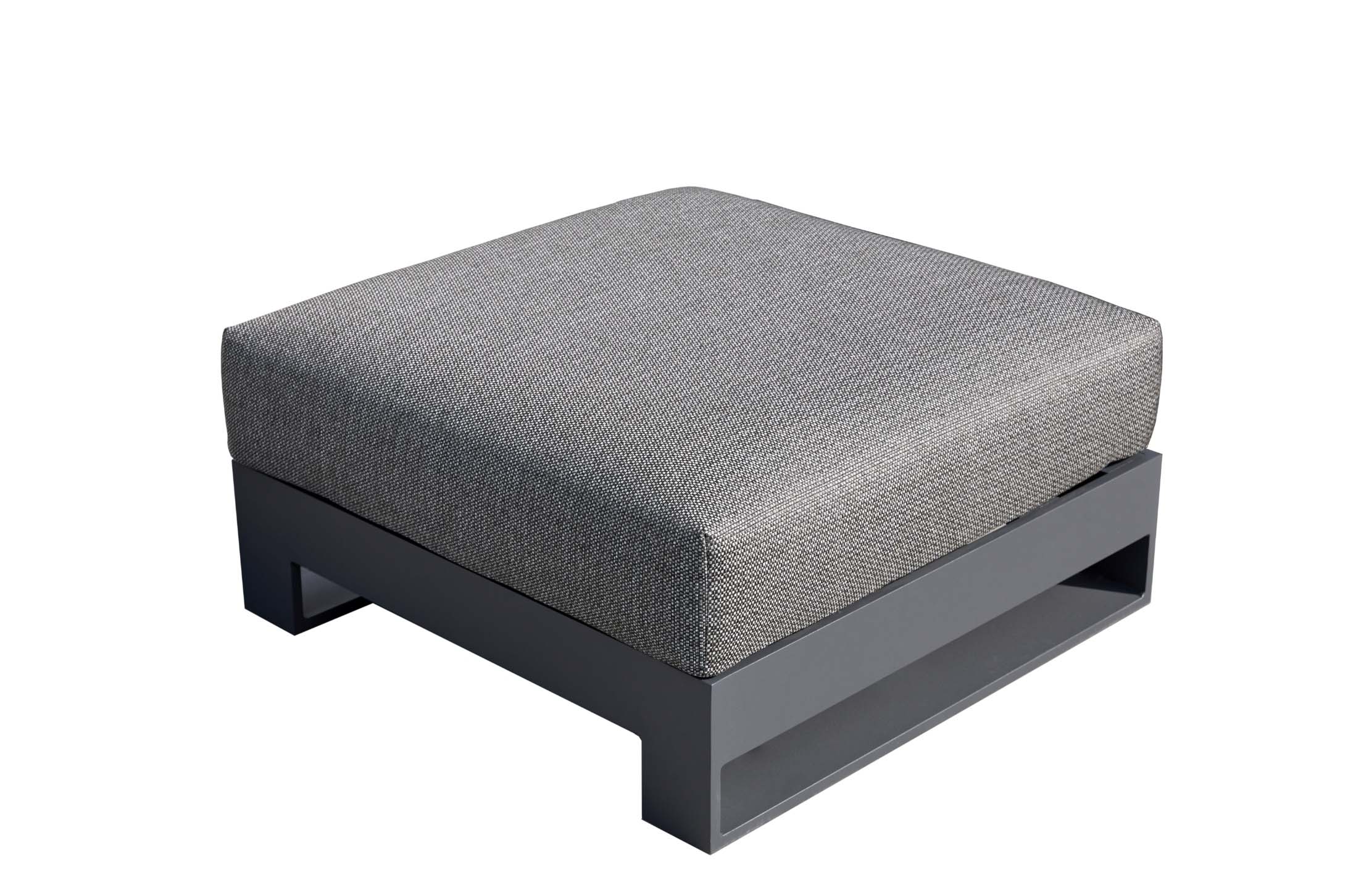 Pouf de jardin carré gris en aluminium haut de gamme, coussin en tissu oléfine Sunproof, design modulable et premium.