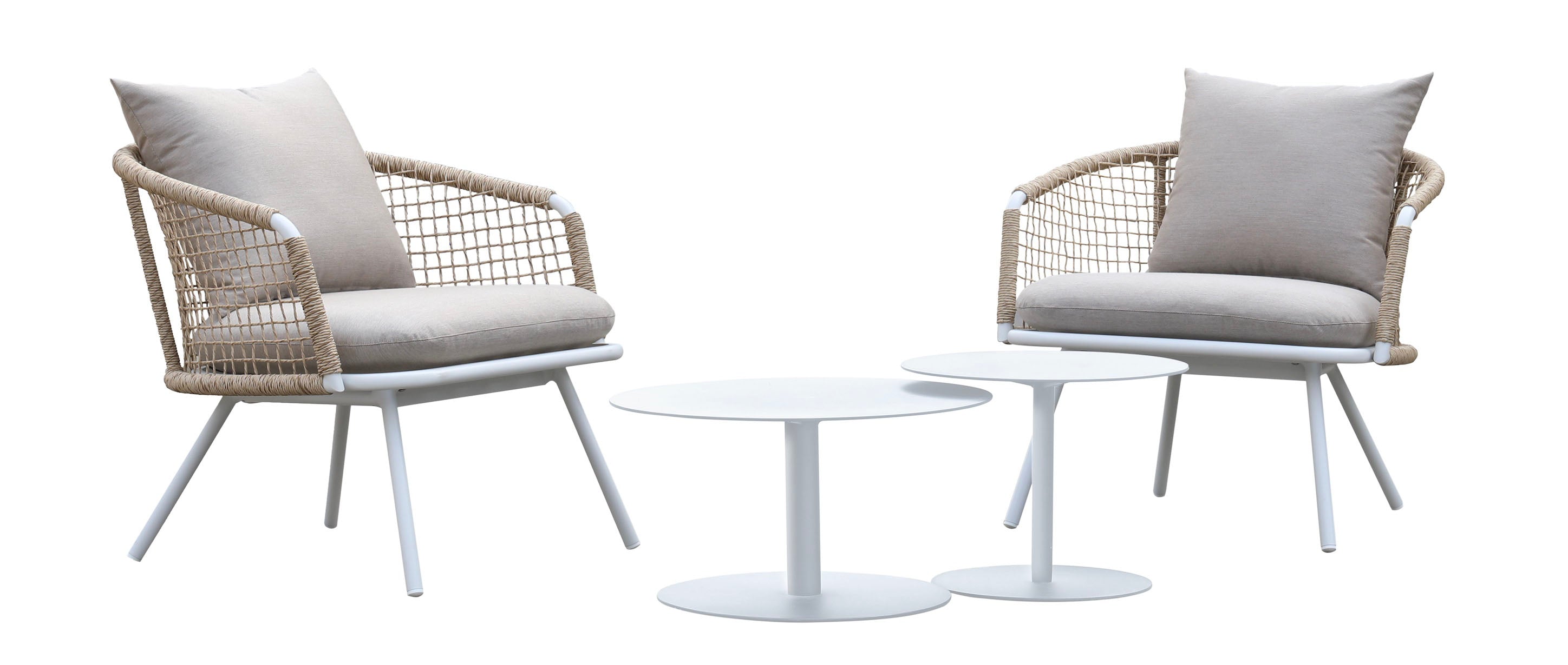 Lot de 2 fauteuils confort avec structure aluminium inoxydable et corde tressée ronde beige, coussins déperlants et déhoussable.