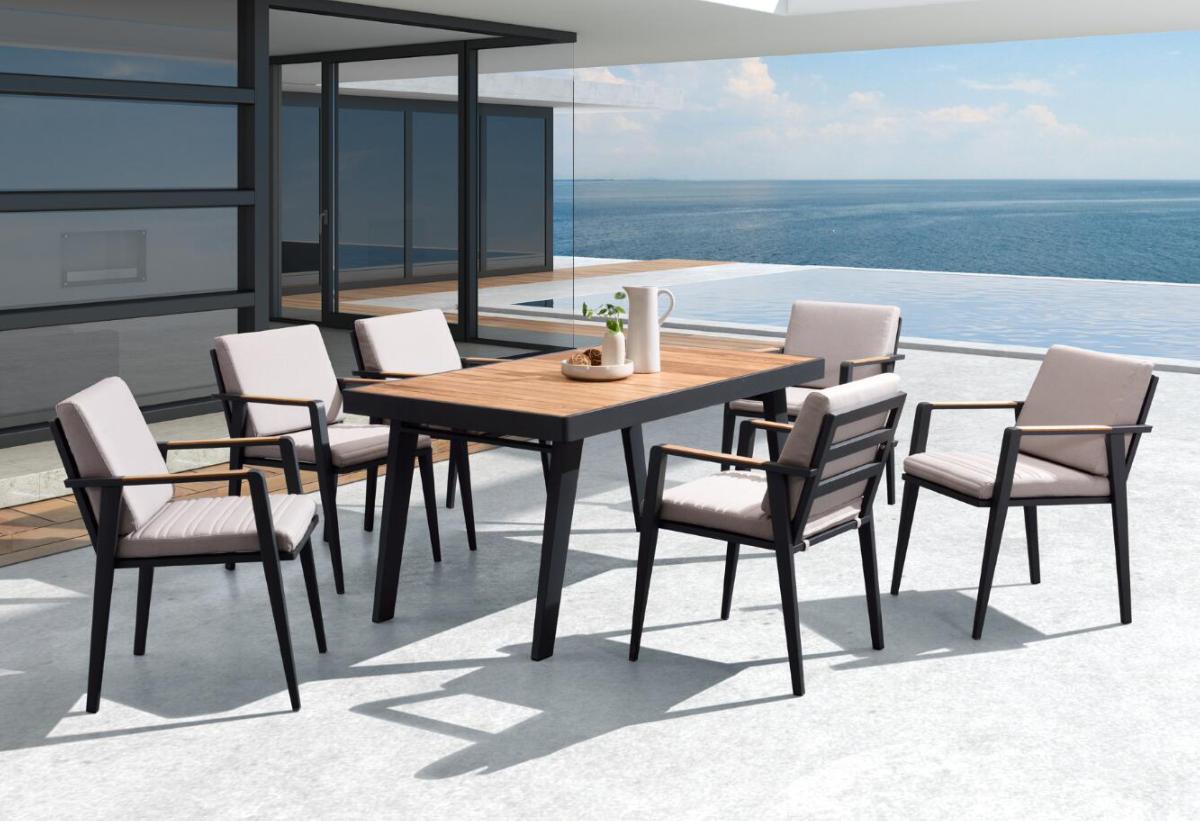 Ensemble repas 6 places en aluminium haut de gamme noir et teck FSC, chaises avec coussins en tissu oléfine beige, housses.