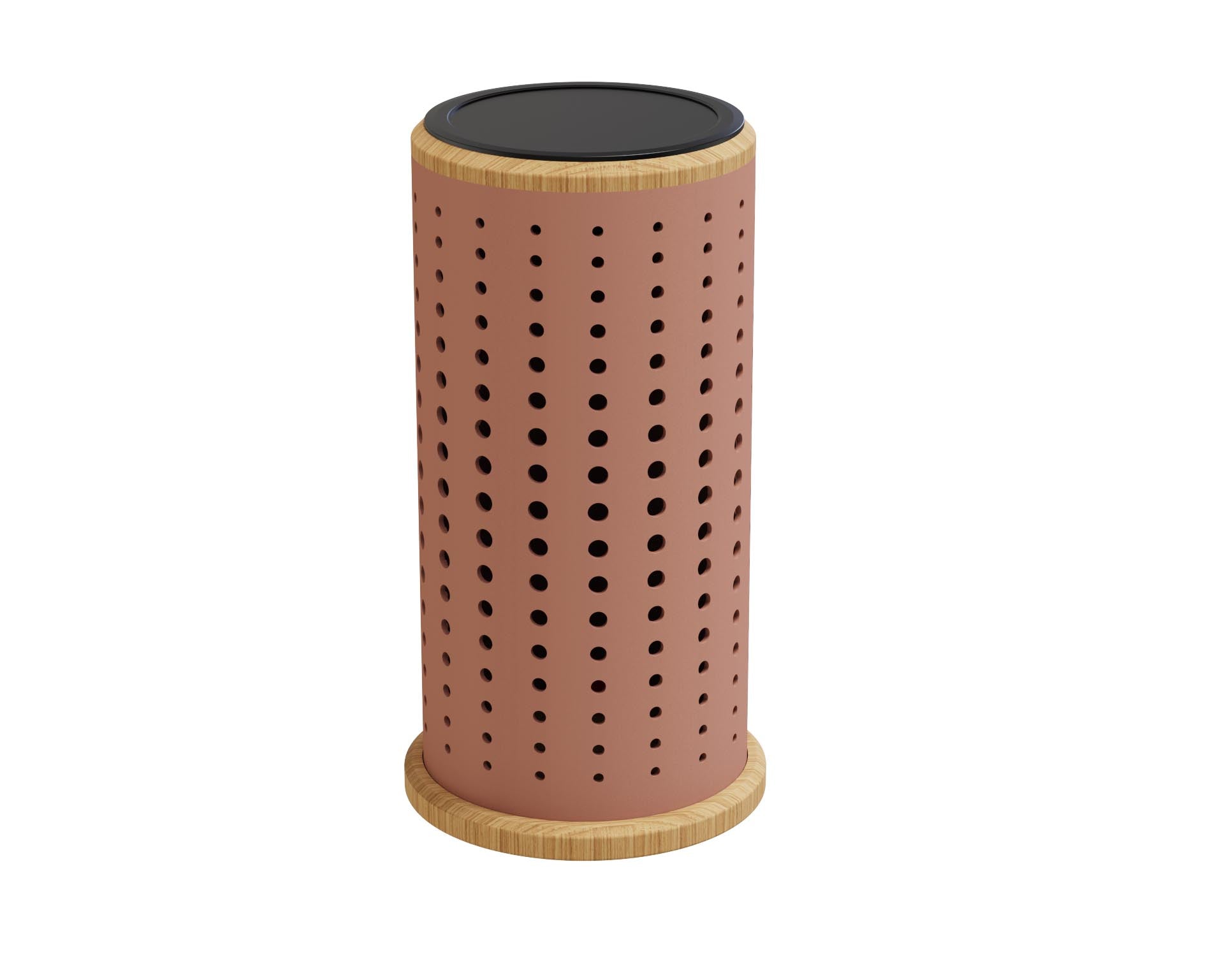 Lampe sur fond blanc avec vue sur les détail, socle en bois, structure ajourée avec effet d'ombrage la nuit tombée