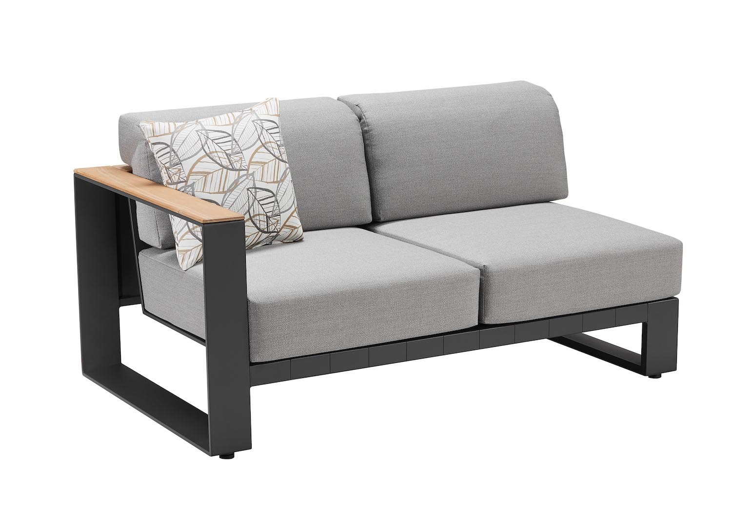 Salon de jardin d'angle contemporain en aluminium noir mat avec assise en tissu acrylique gris, coussins déhoussables et.