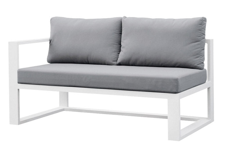 Salon modulable haut de gamme en aluminium blanc avec coussins gris épais, design épuré et élégant pour jardin extérieur luxe.