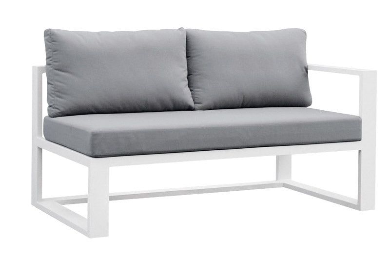 Canapé modulable deux places en aluminium blanc mat avec coussins gris épais, design élégant et haut de gamme pour jardin.