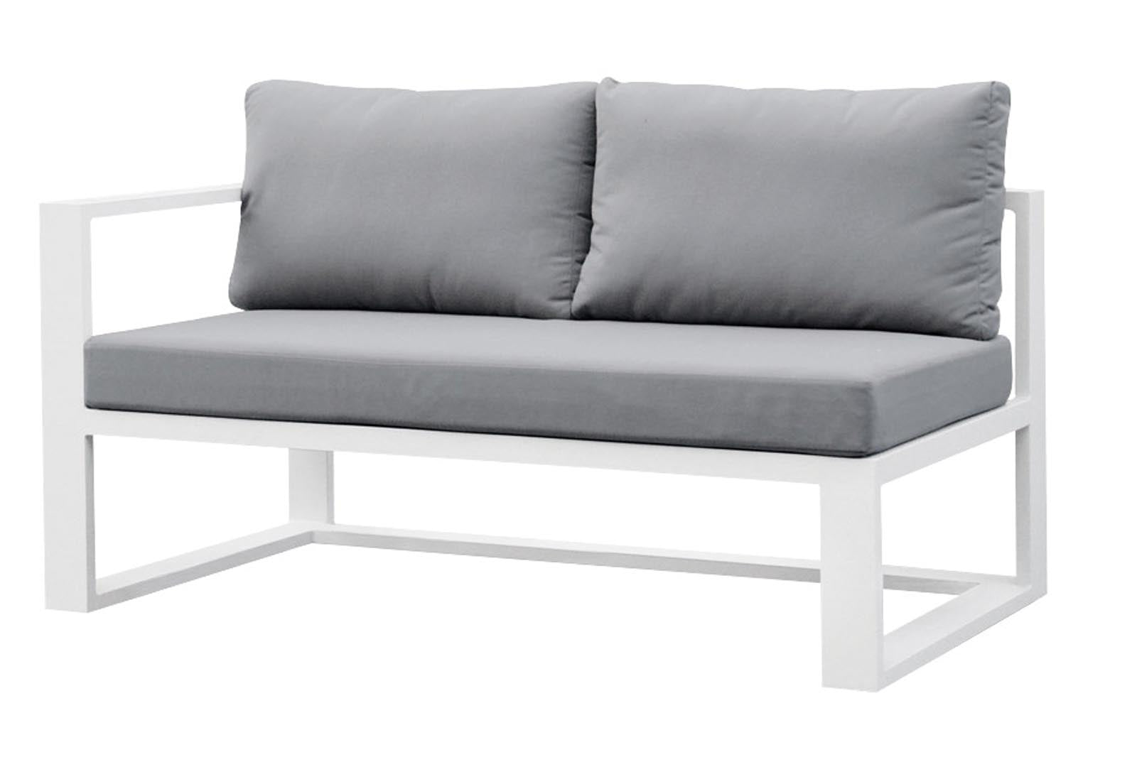 Salon de jardin d'angle modulable en aluminium blanc, structure minimaliste et élégante, coussins gris épais haut de gamme.