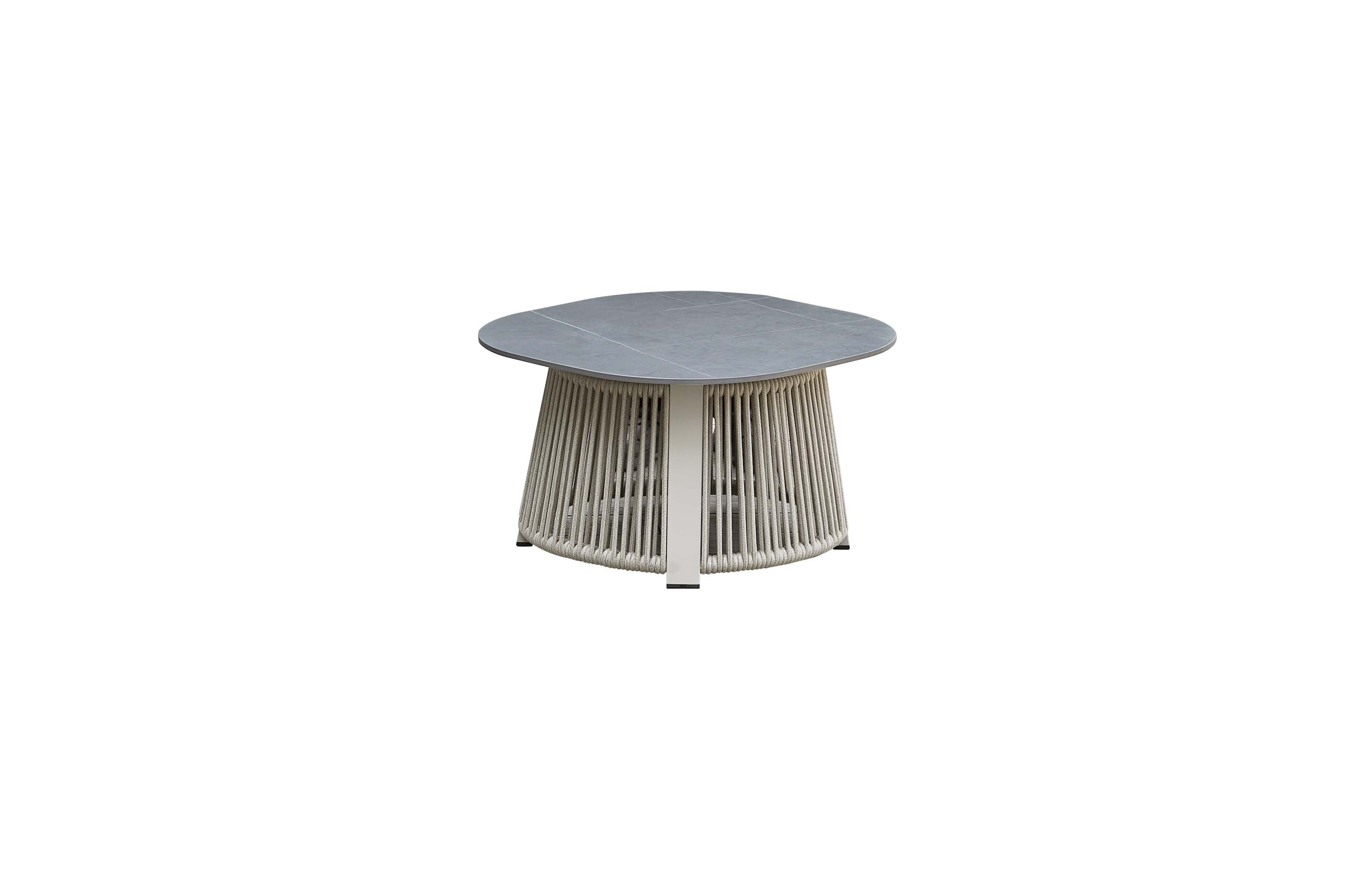 Table basse ronde de salon d'angle extérieur en aluminium blanc et corde tressée, plateau en céramique gris clair, design