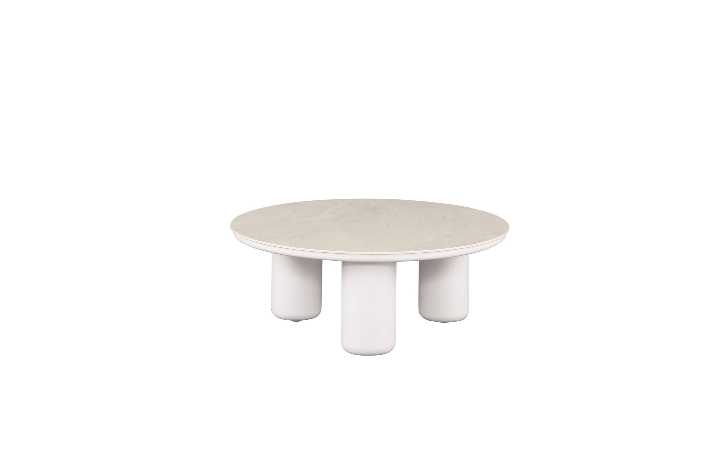 Table basse ronde en aluminium haut de gamme blanc, plateau céramique beige, design modulable et conception premium, style.