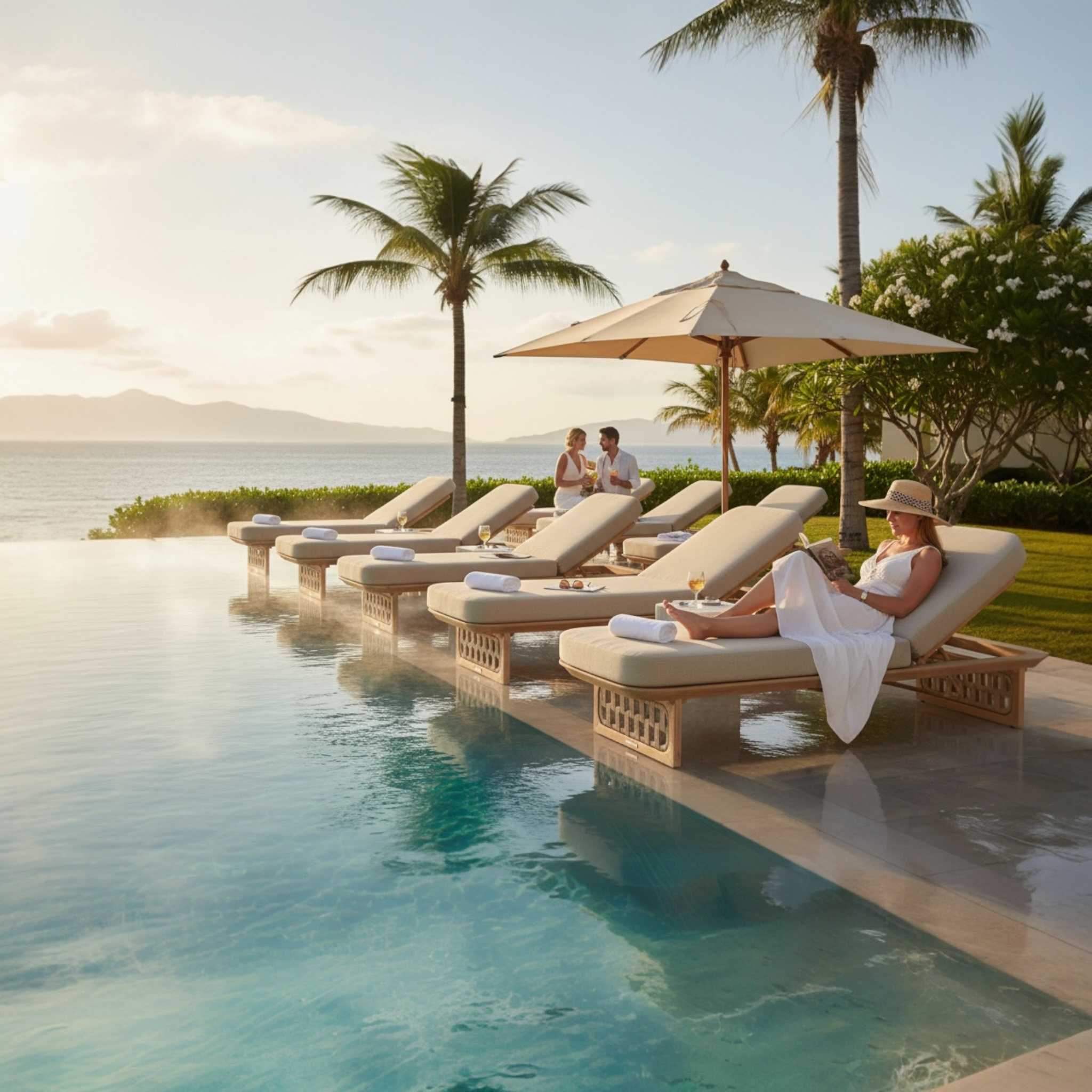 Duo de bains de soleil PALMA design italien en teck massif FSC et corde tressée avec coussins Quick Dry Foam, table d'appoint et parasol au bord de la piscine.