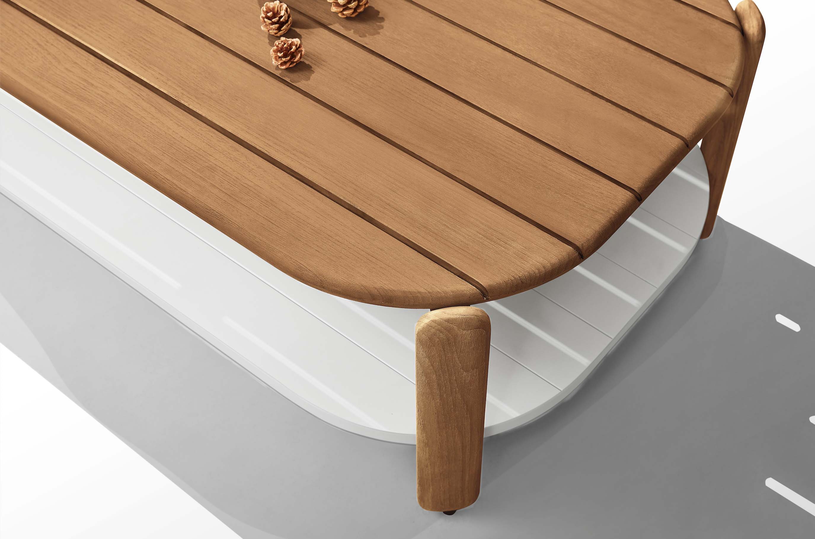 Table basse d'angle en teck massif FSC, design italien, plateau lisse aux bords arrondis, élégance méditerranéenne, bois.