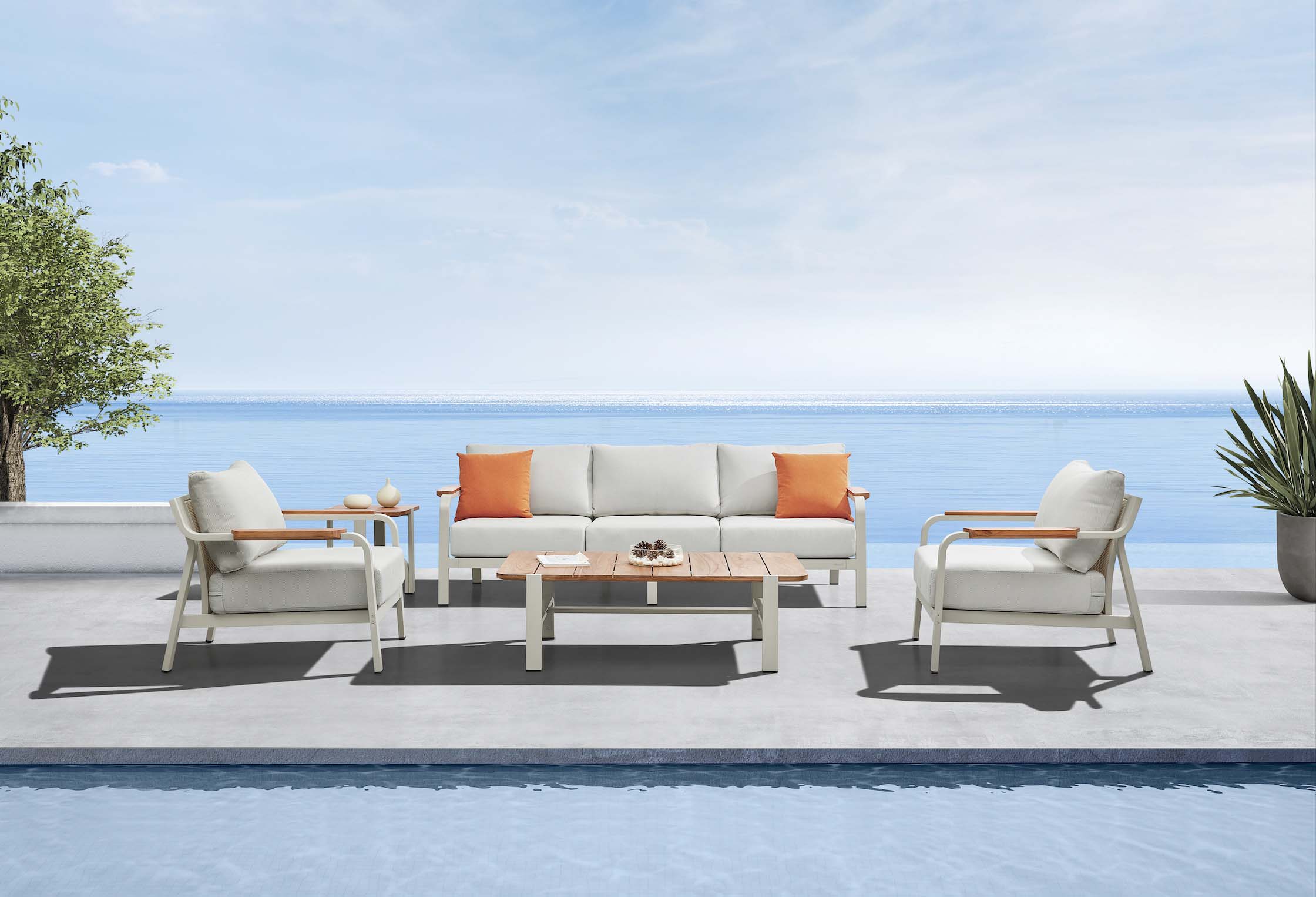 Salon de jardin 5 places en aluminium et teck FSC haut de gamme avec coussins beiges et accents orange, design élégant.