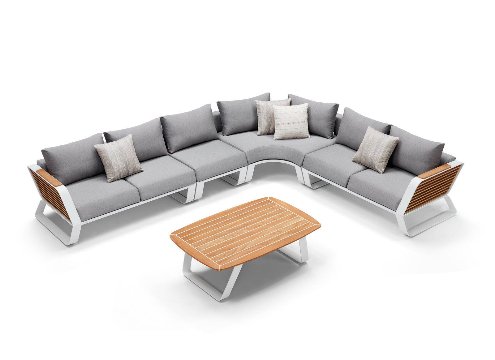 Canapé d'angle de jardin en aluminium blanc et teck FSC, design Pininfarina luxueux avec coussins gris clair, élégance.