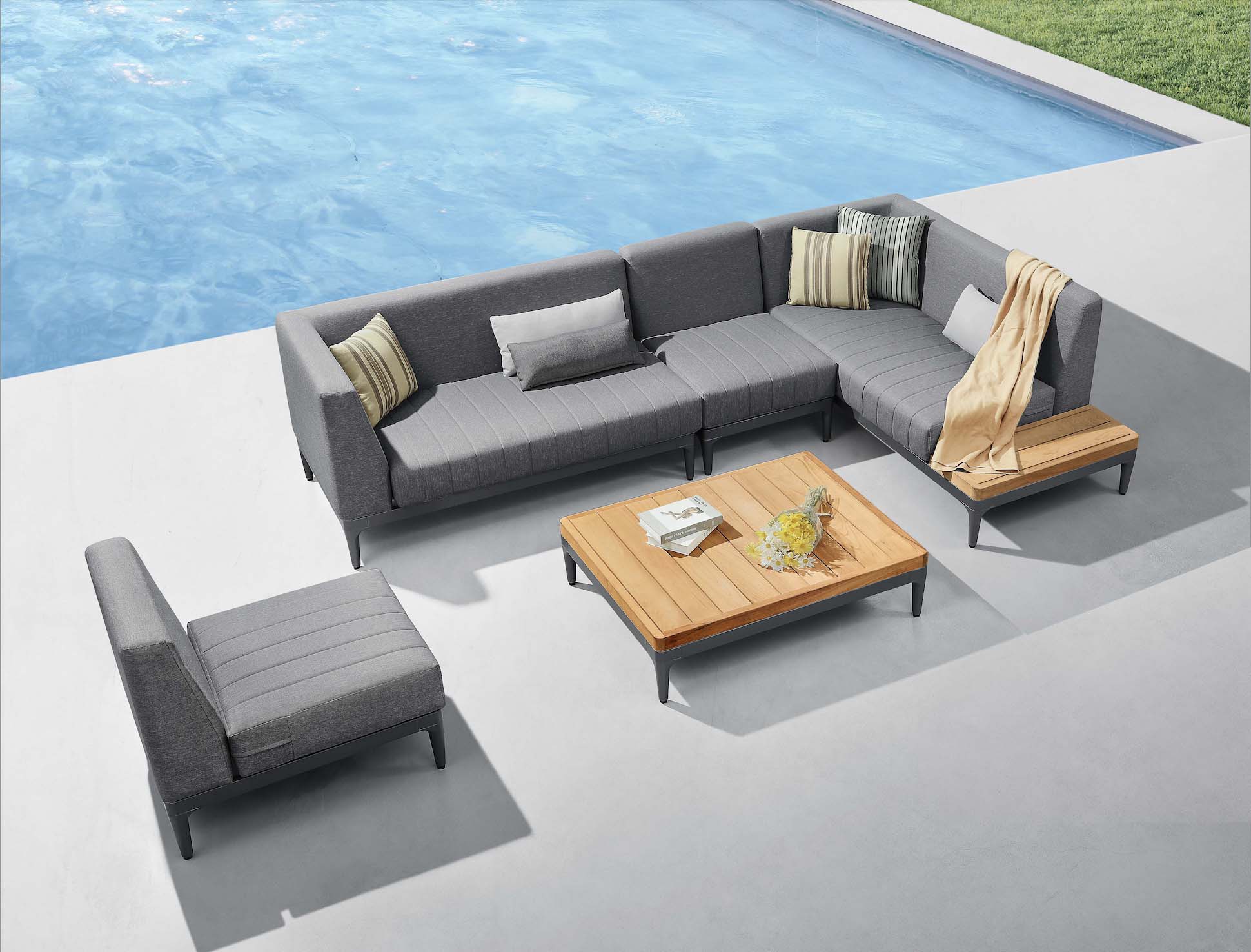 Salon de jardin d'angle design avec structure en aluminium inoxydable, assises en tissu 100% Oléfine déperlant et.
