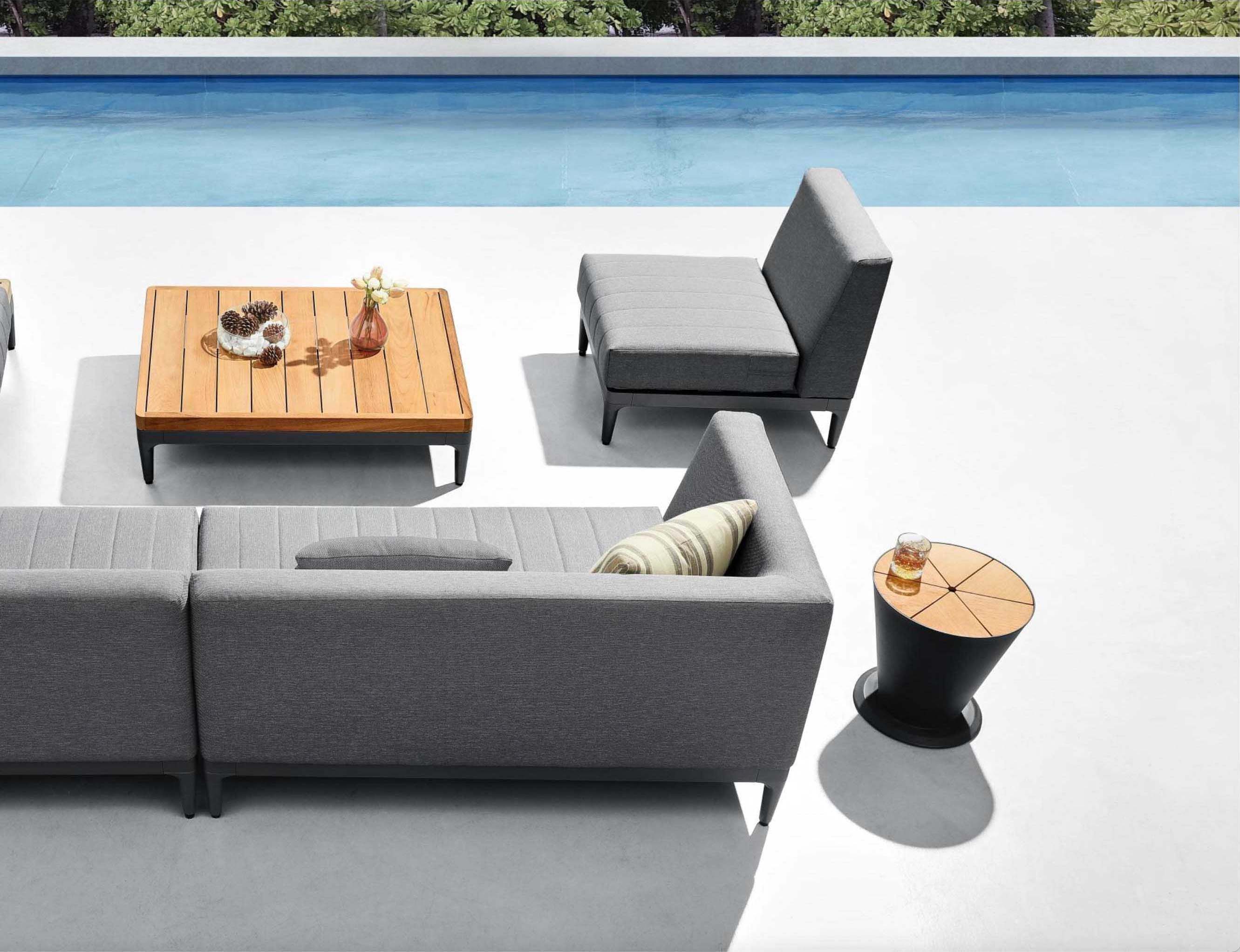 Salon de jardin d'angle élégant avec structure aluminium inoxydable, assises en tissu 100% Oléfine déperlant et déhoussable, .