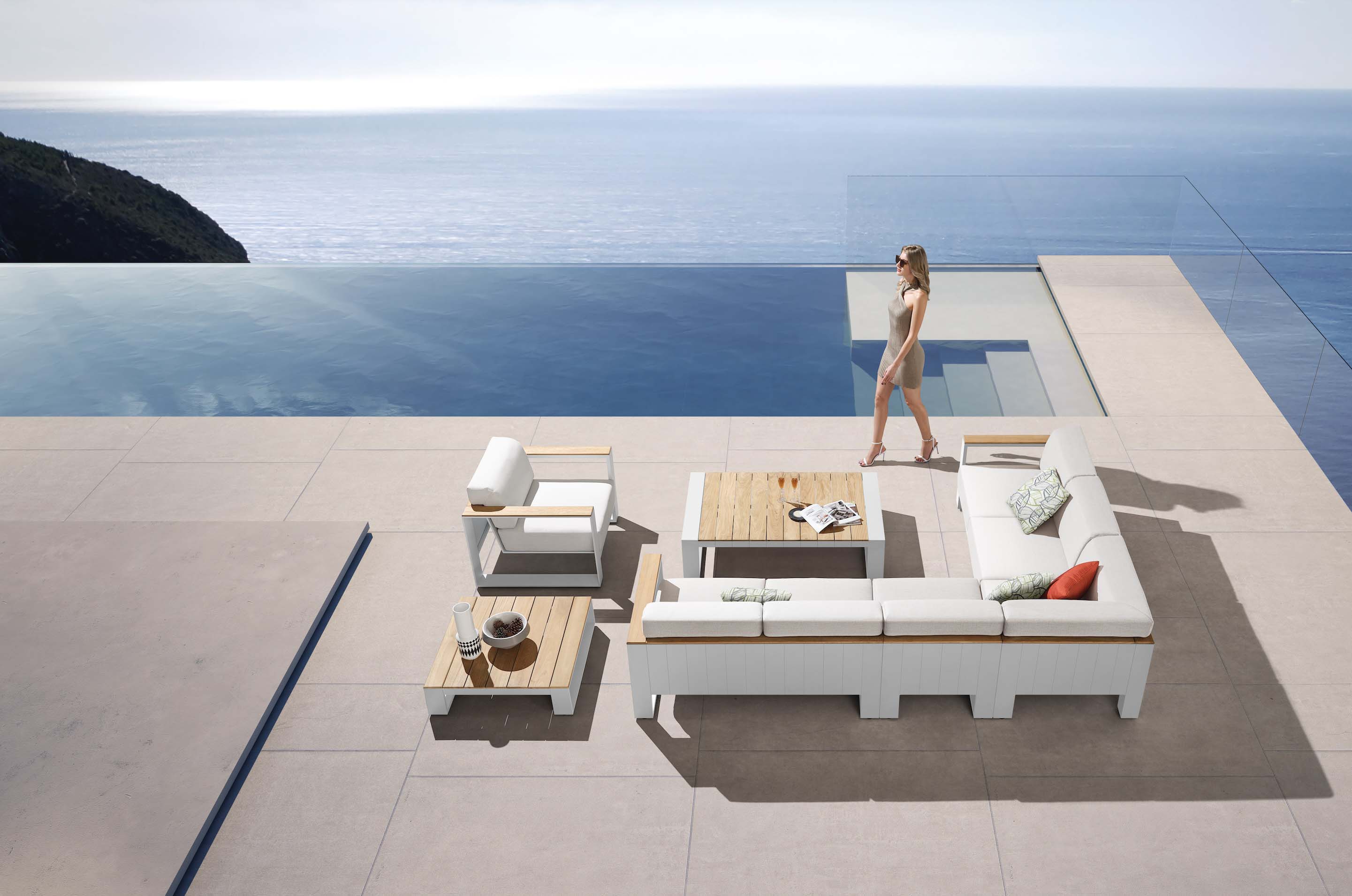 Salon de jardin d'angle contemporain en aluminium blanc, plateau en Teck SFC, coussins en tissu acrylique déhoussables et déperlants