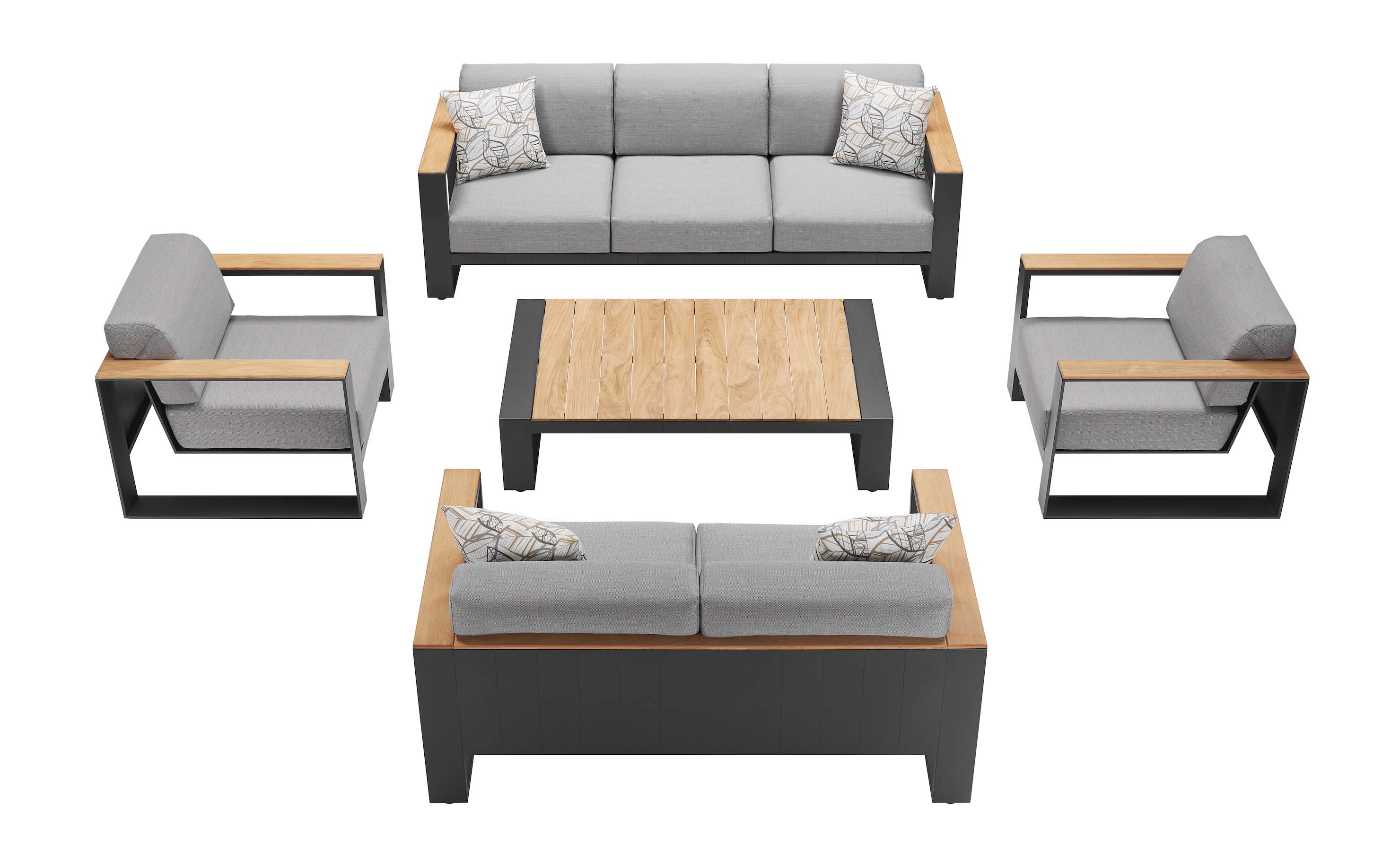 Salon de jardin 2 places en aluminium noir et Teck SFC, coussins déhoussables et déperlants en tissu acrylique gris clair,.