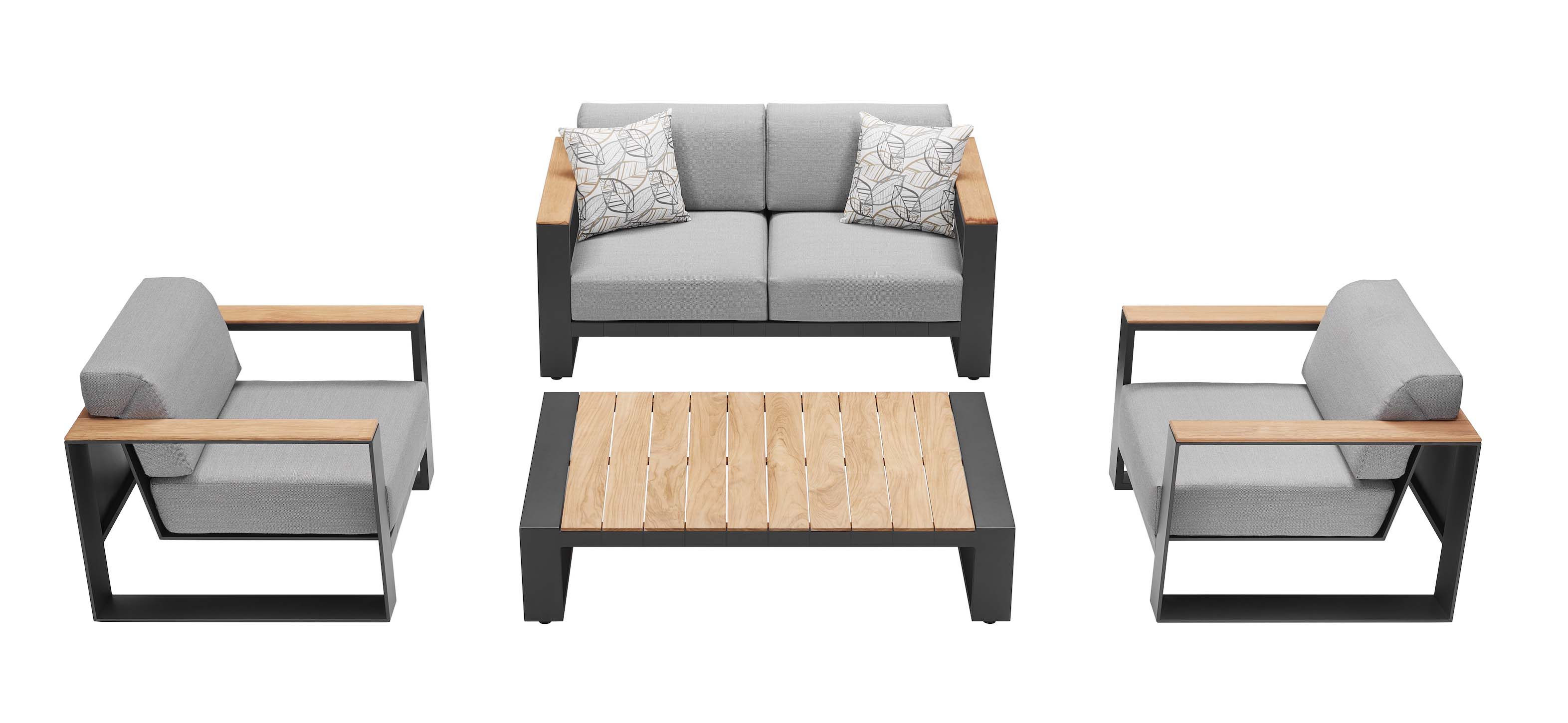 Salon de jardin 2 places avec structure aluminium noire, accoudoirs en Teck SFC, coussins gris en tissu acrylique.