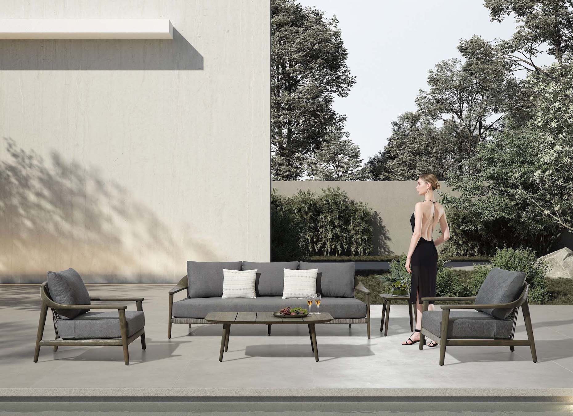 Mobilier de jardin 5 places en teck FSC massif avec structure en corde tressée, coussins en Mousse Quick Dry Foam, design.