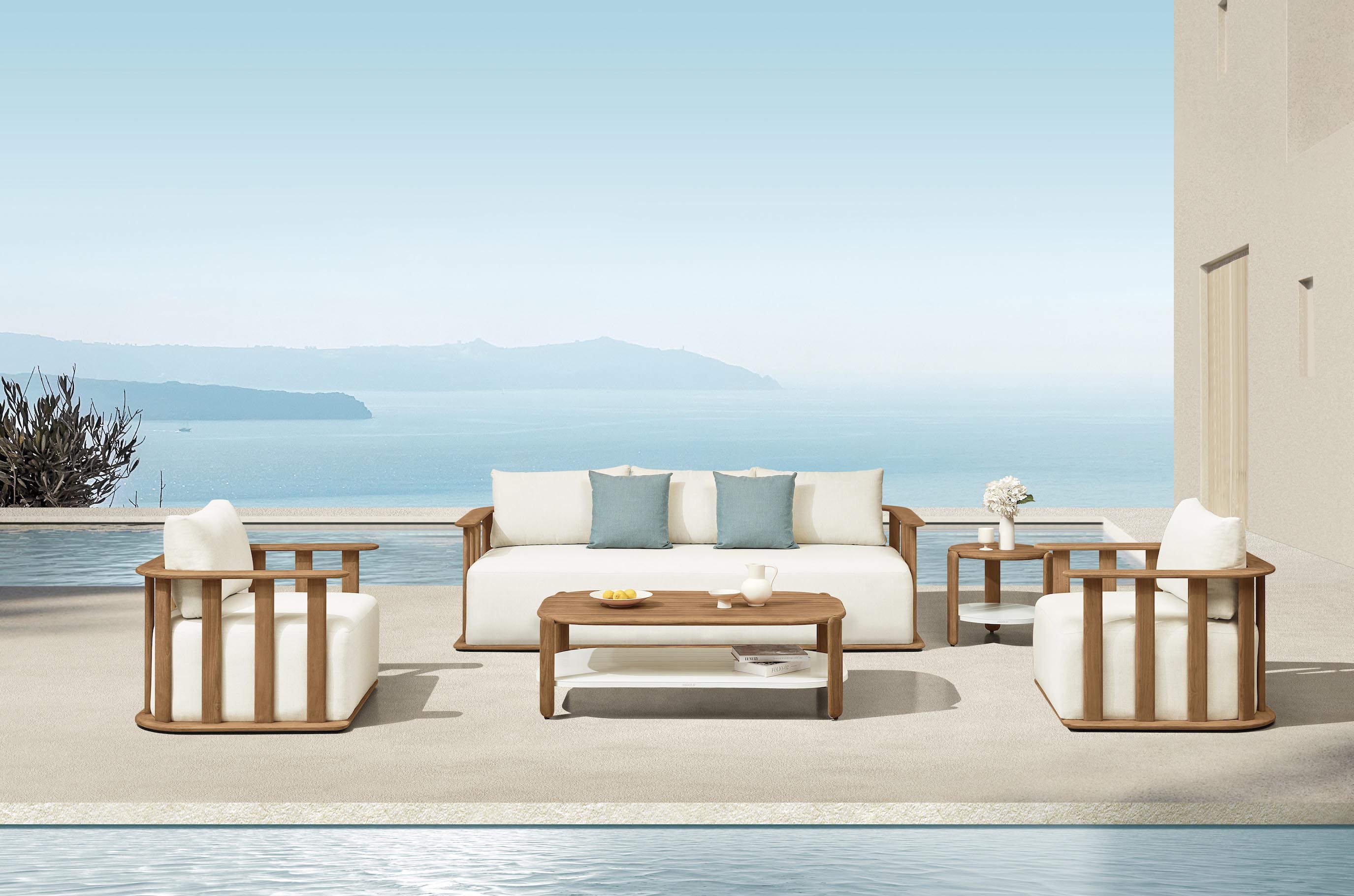 Salon de jardin 5 places en teck massif FSC de style designer italien, coussins en tissu acrylique déperlant, housses.