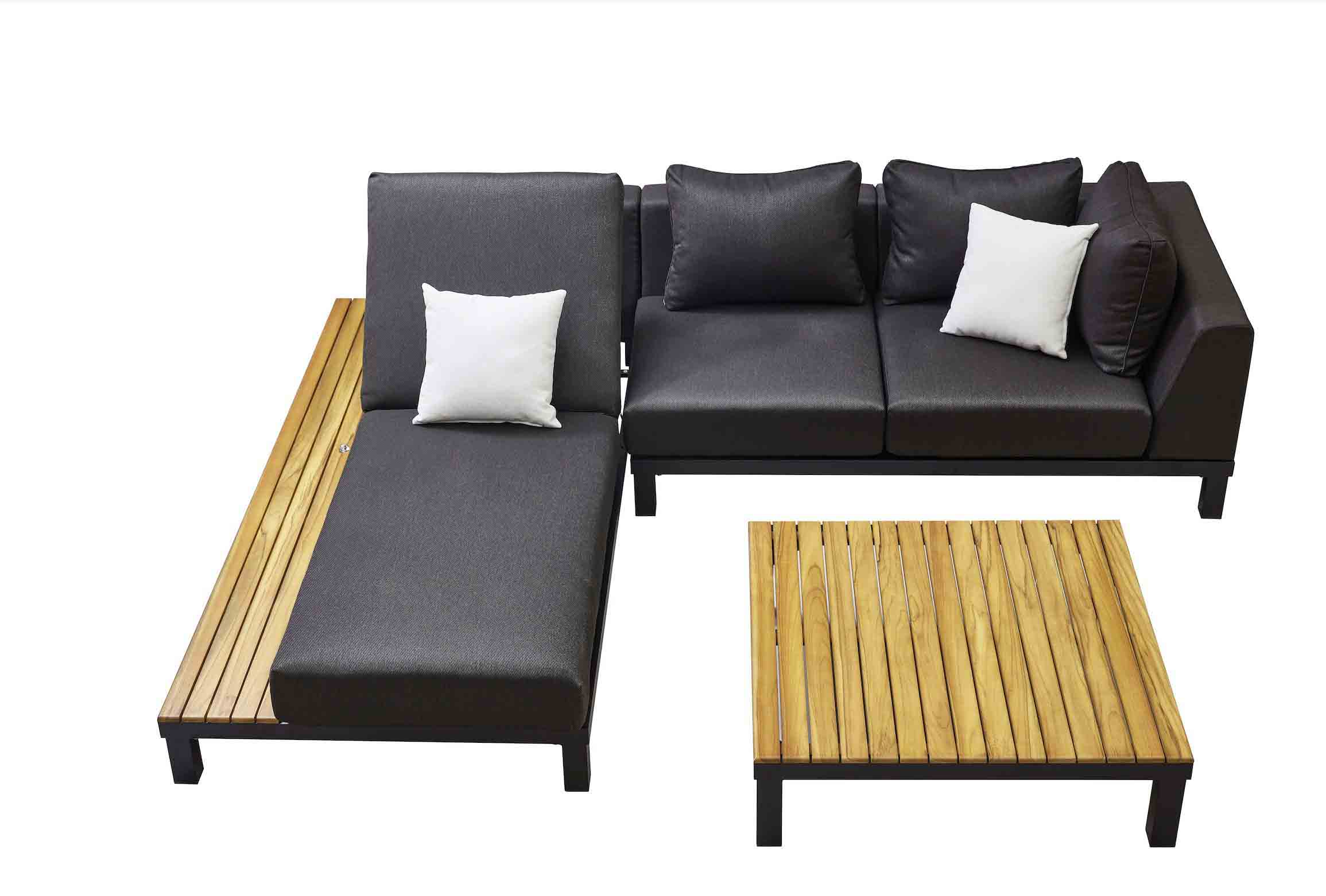 Salon de jardin d'angle avec structure aluminium inoxydable élégante, assises en teck FSC noble, coussins en tissu 100%.