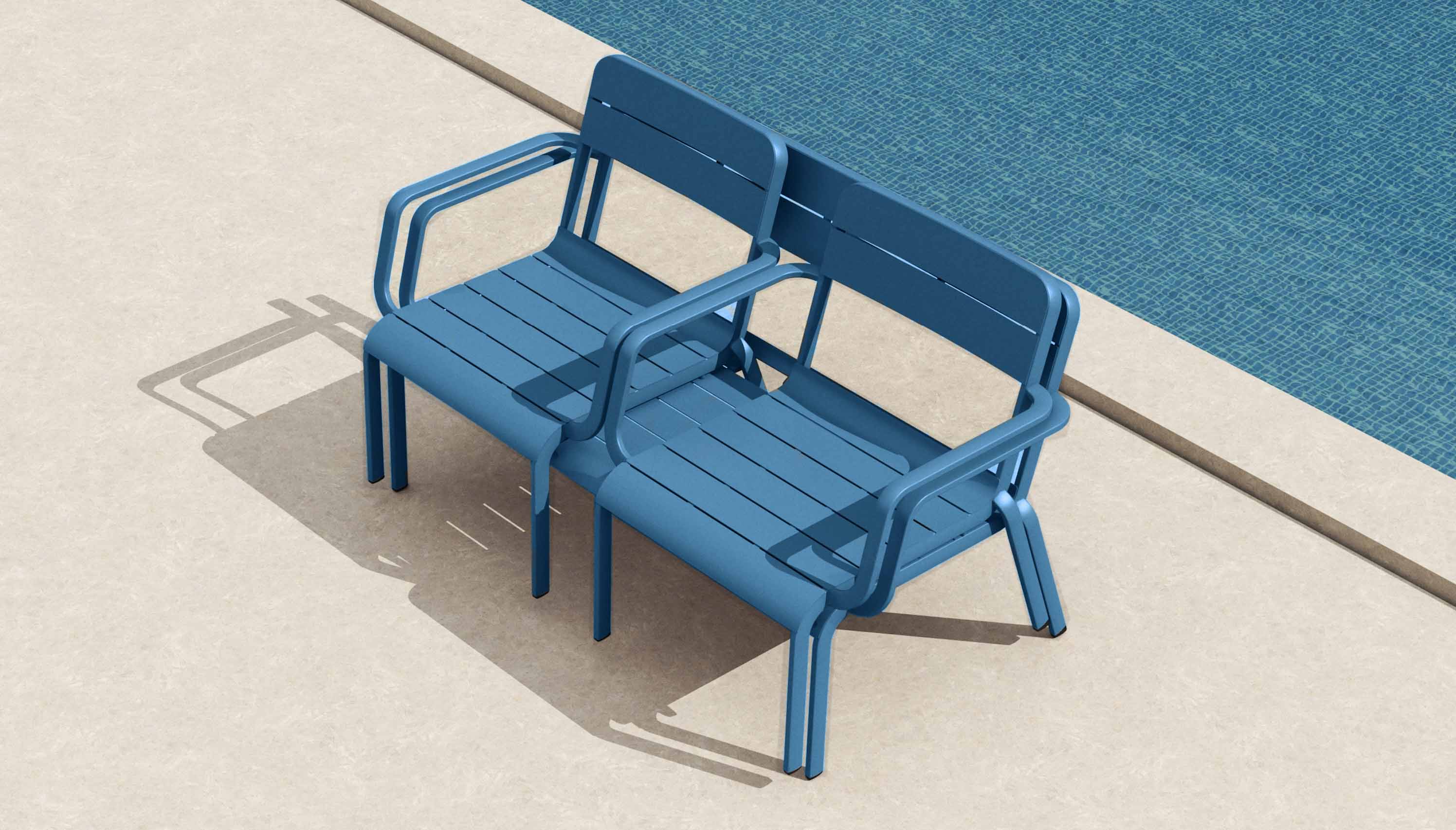 Canapé de jardin bleu empilable en aluminium haut de gamme avec peinture epoxy, design innovant et lignes épurées, style.