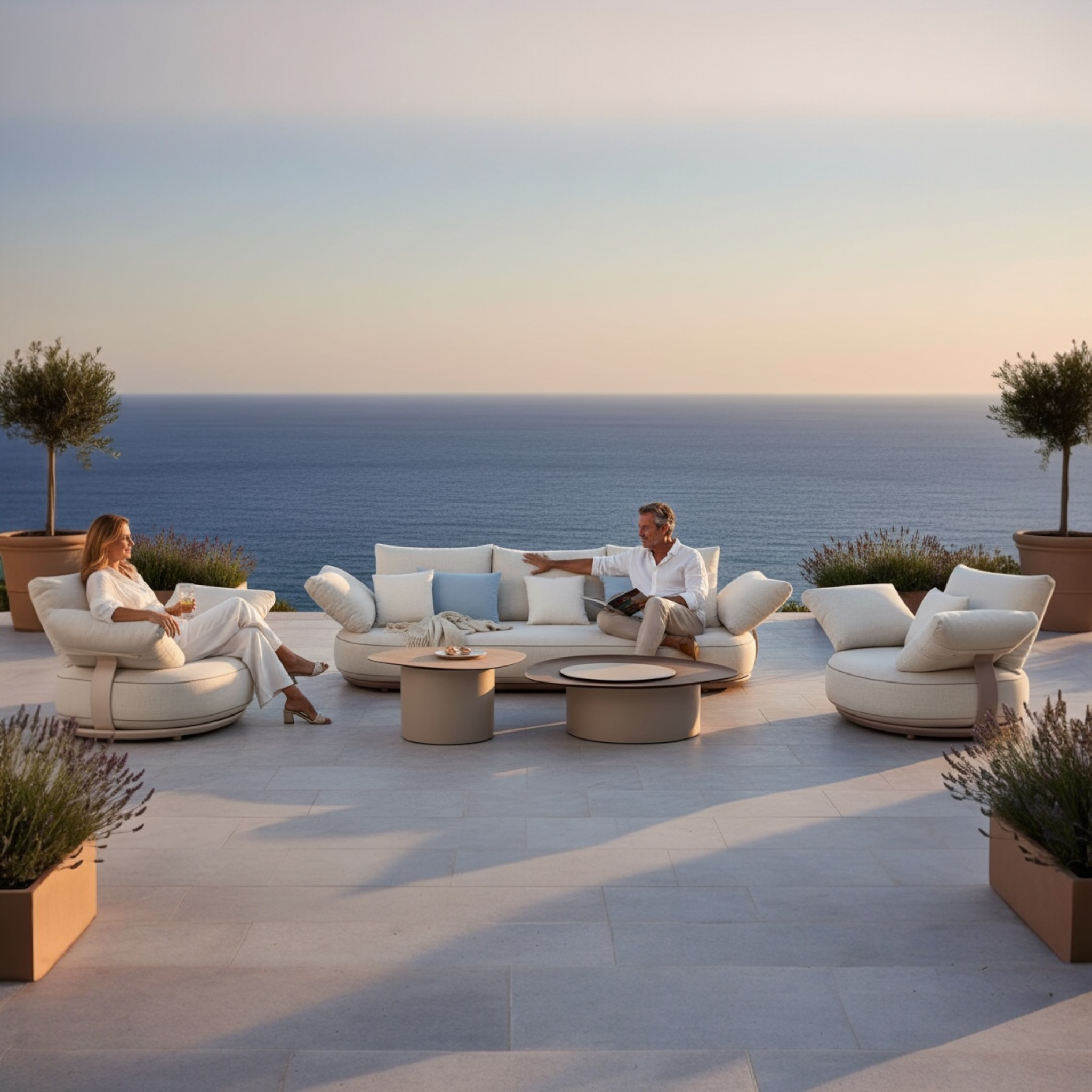 Canapé modulable luxe 5 places avec structure en aluminium et bois FSC, tissu en fibre acrylique beige, design italien.