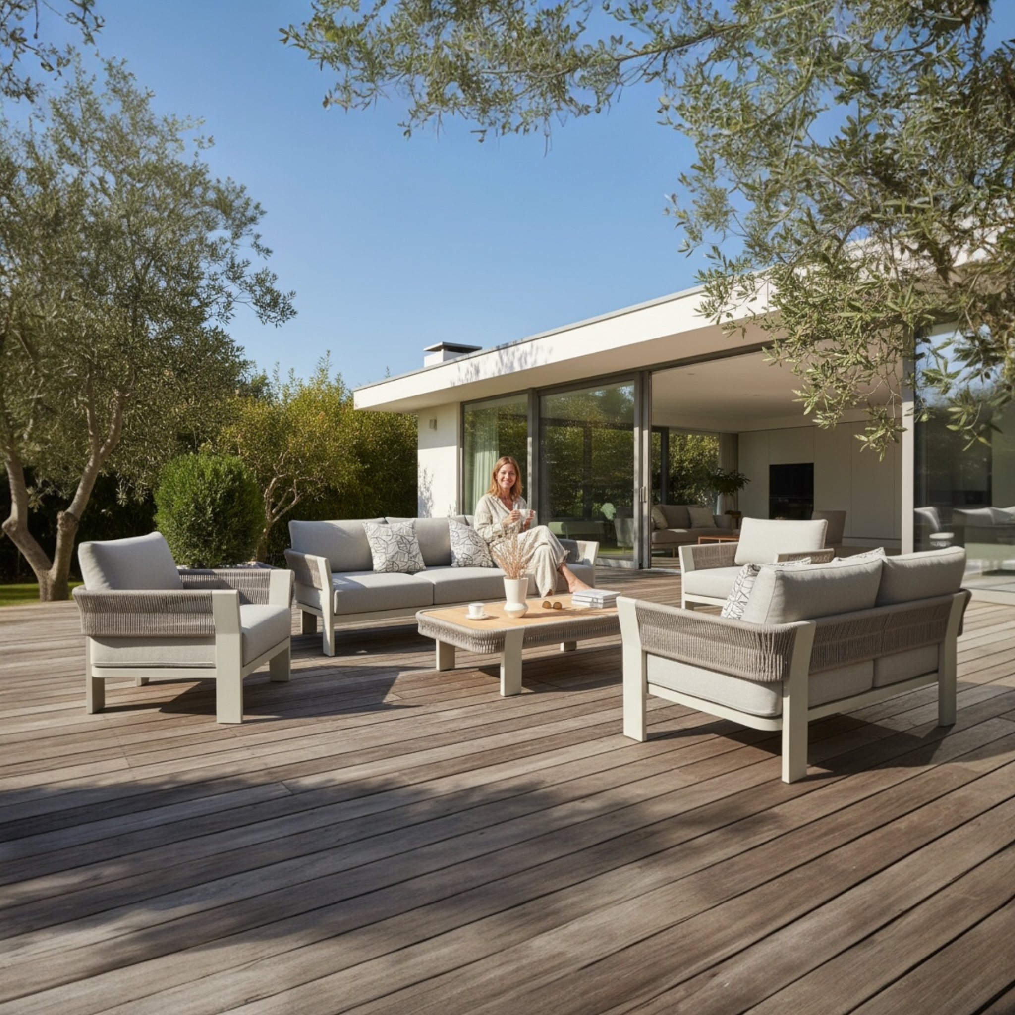 Salon de jardin moderne 7 places en aluminium blanc et corde tressée beige, coussins déhoussables déperlants gris clair,.
