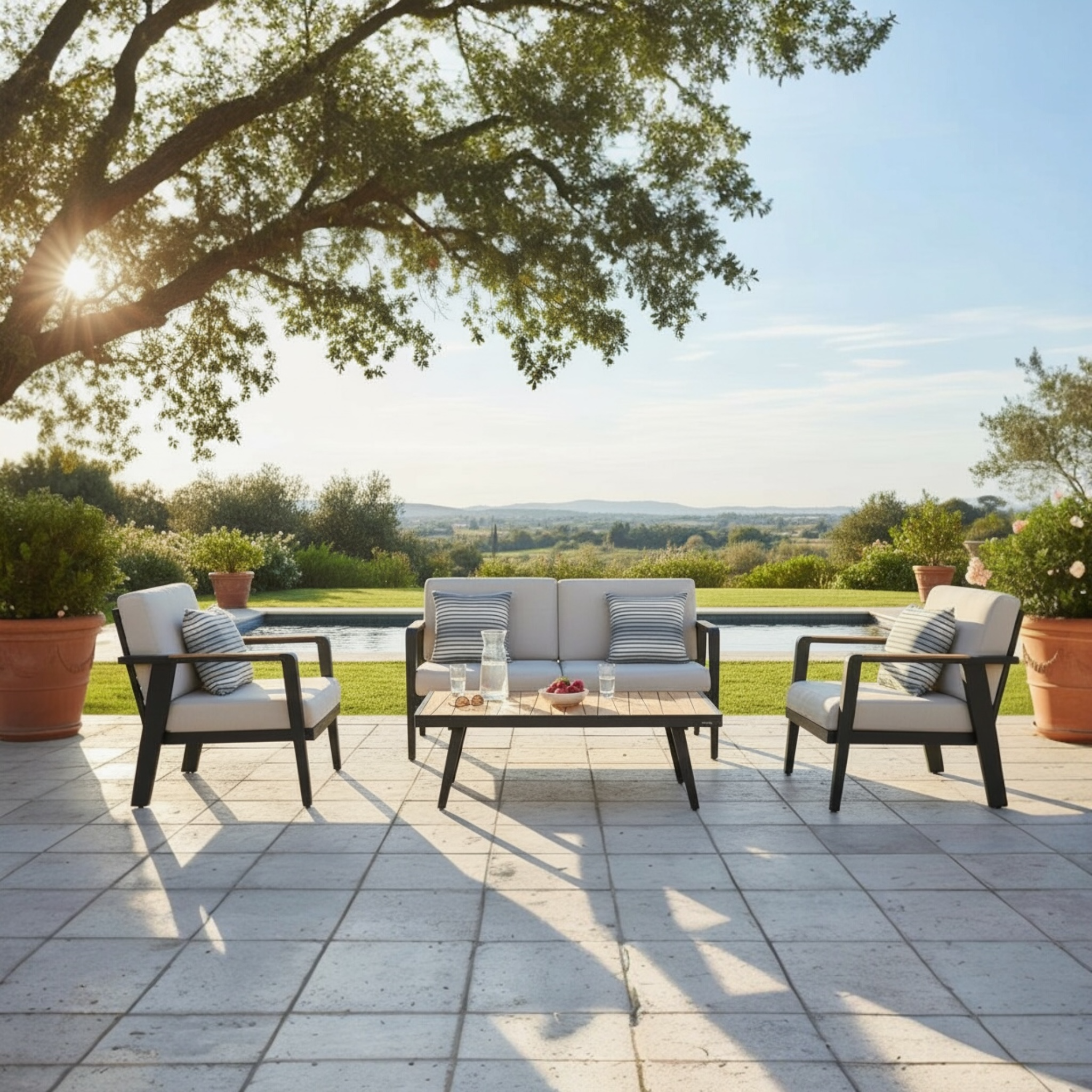 Salon de jardin luxe en aluminium haut de gamme et teck FSC avec coussins en tissu Oléfine.