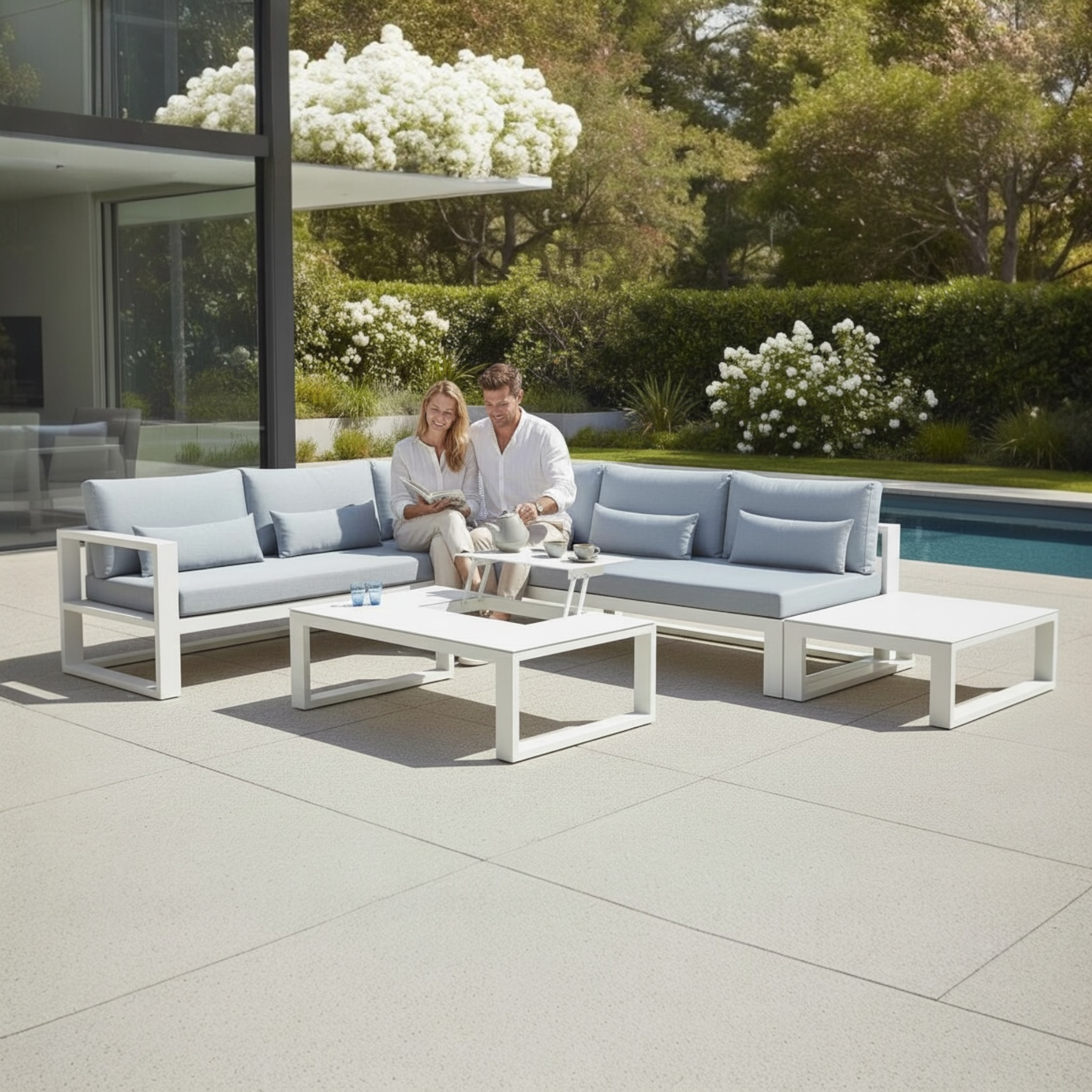 Salon jardin d'angle luxe en aluminium haut de gamme avec coussins en tissu 100% oléfine gris clair.
