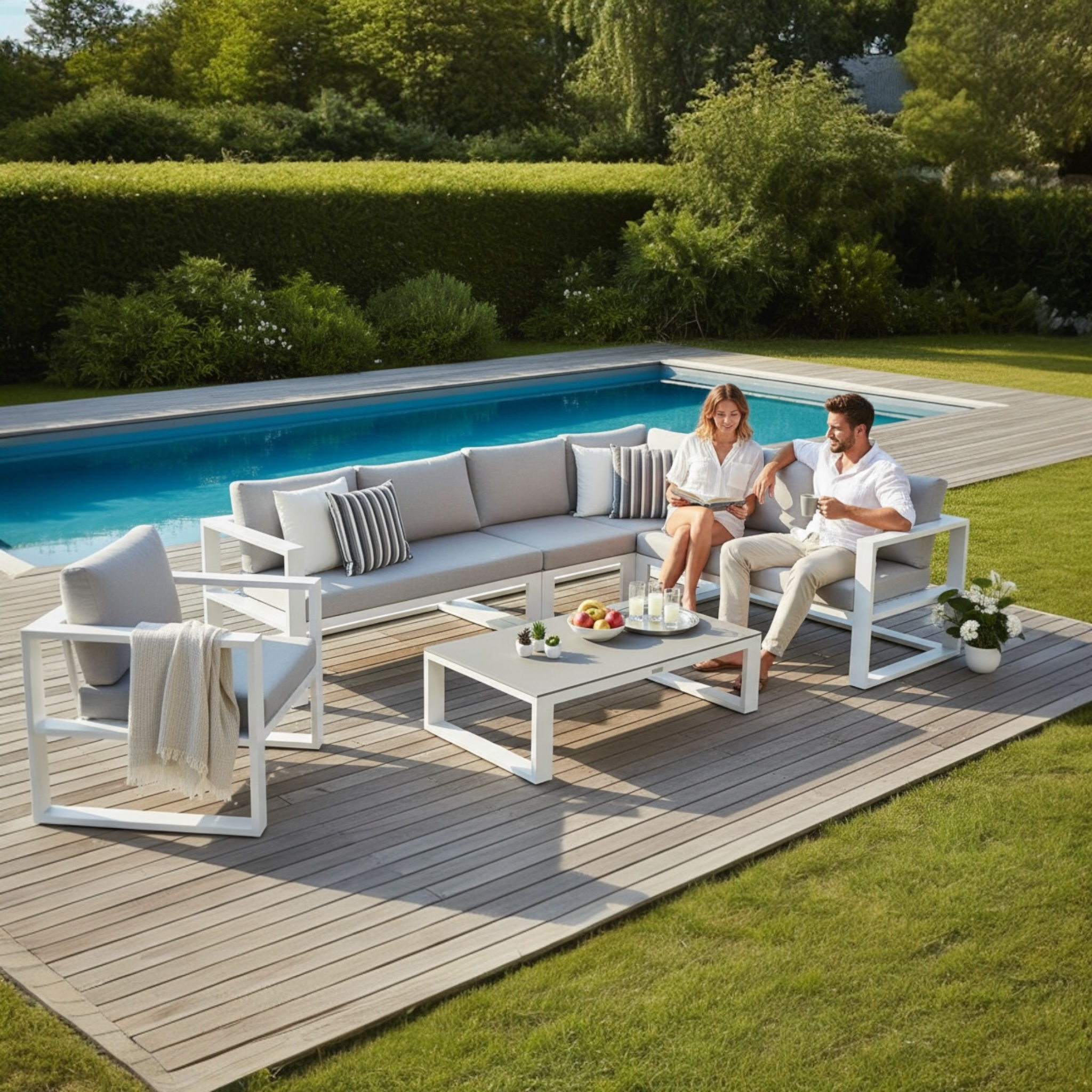 Salon modulable de jardin extérieur luxe en aluminium blanc mat, chauffeuses et canapé design haut de gamme, coussins gris.