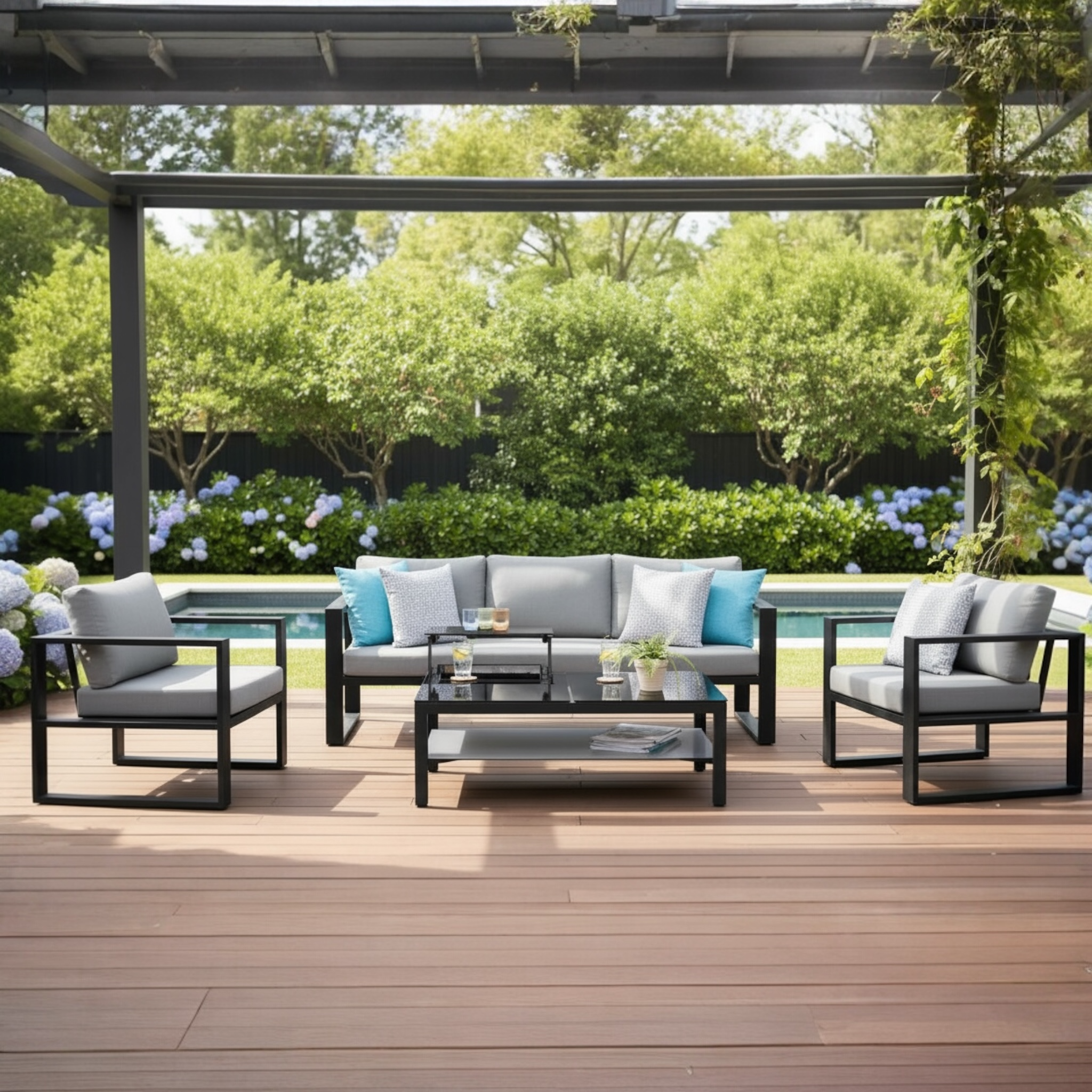 Salon modulable de jardin extérieur luxe en aluminium noir mat, fauteuils à larges accoudoirs, canapé d’angle élégant.