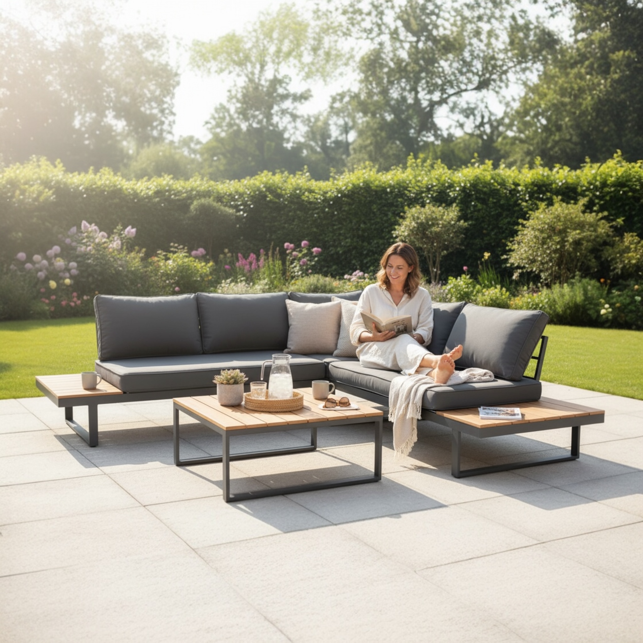 Salon de jardin en aluminium haut de gamme gris avec courbes élégantes, peintures epoxy, coussins gris foncé, plateau.