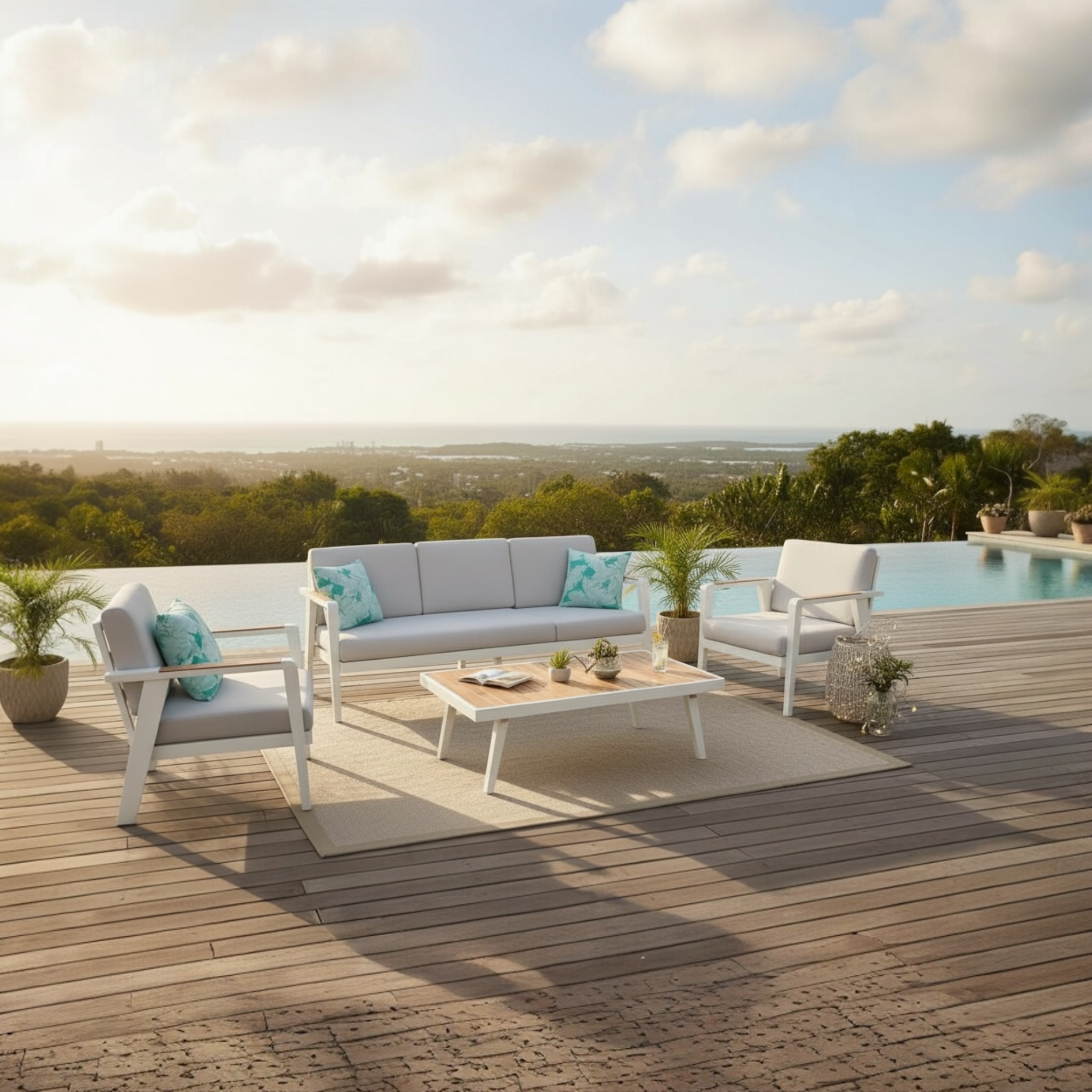 Salon de jardin en aluminium haut de gamme blanc avec coussins en tissu oléfine gris clair, teck FSC.