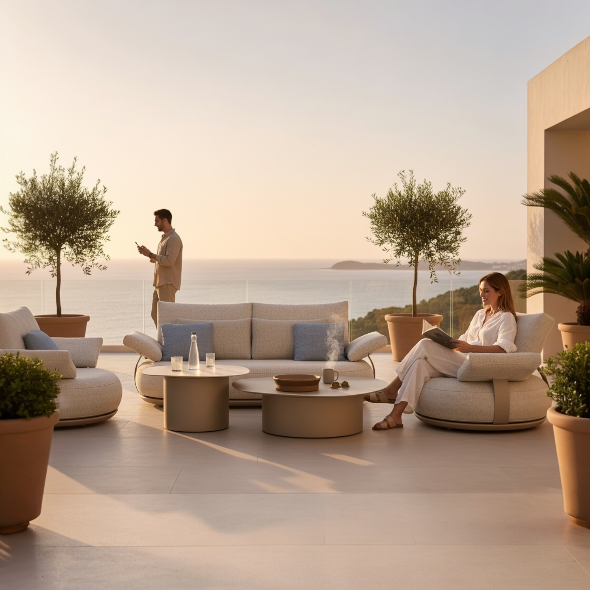 Salon de jardin modulable luxe en aluminium design italien avec assises en tissu acrylique et tables basses.