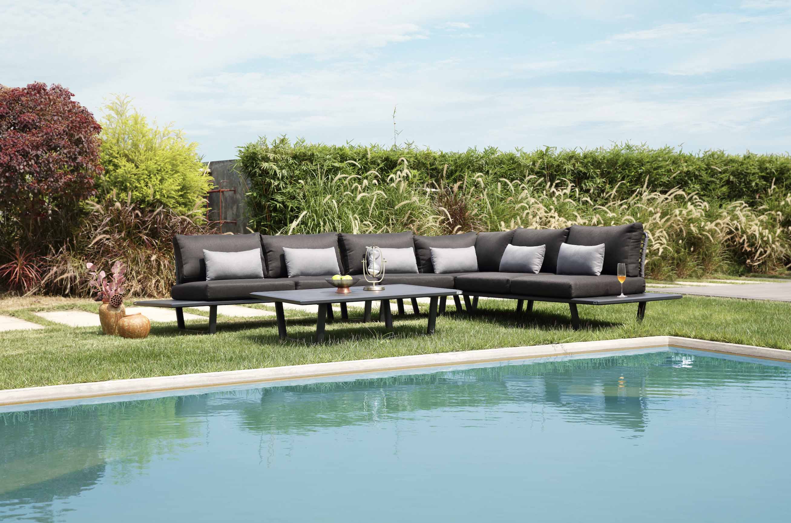 Salon de jardin haut de gamme en aluminium inoxydable et corde gris, canapé d’angle 6 places avec tissu déperlant et.