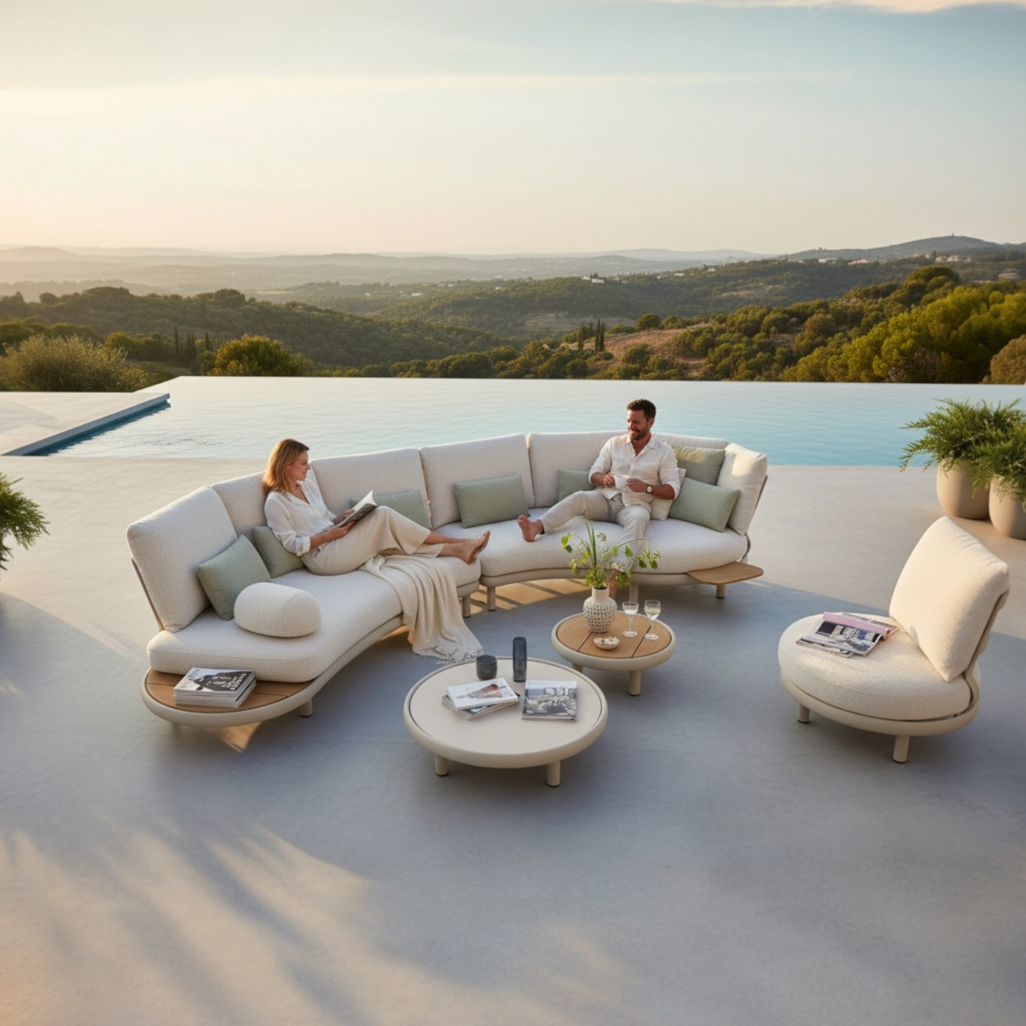 Salon de jardin ROSA modulaire en aluminium thermolaqué avec canapé courbe, fauteuil et tables basses design belge