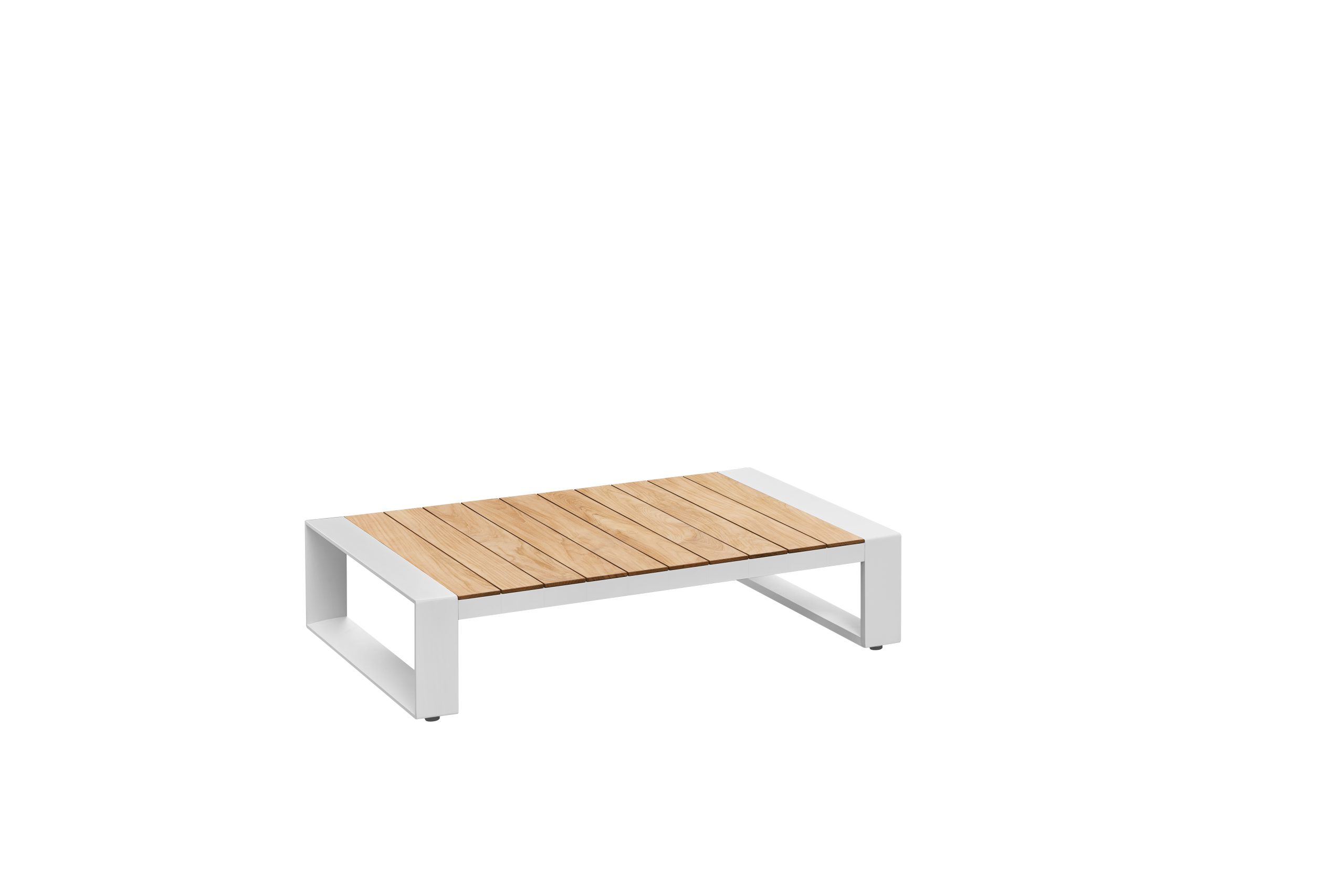Table basse de jardin rectangulaire en aluminium blanc et plateau en teck SFC naturel, design contemporain et durable.