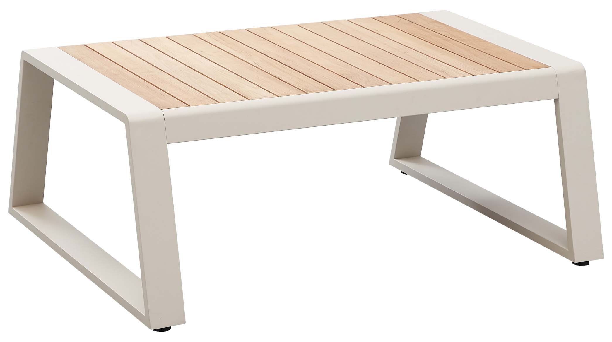 Table basse carrée en aluminium haut de gamme peint à la peinture epoxy avec plateau en teck FSC, design innovant et lignes.