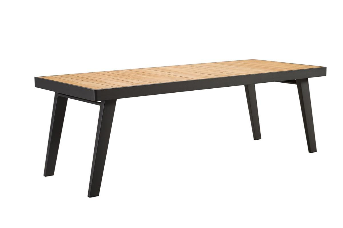 Table de jardin rectangulaire en aluminium haut de gamme noir mat avec plateau en teck FSC, design épuré et élégant, parfait.