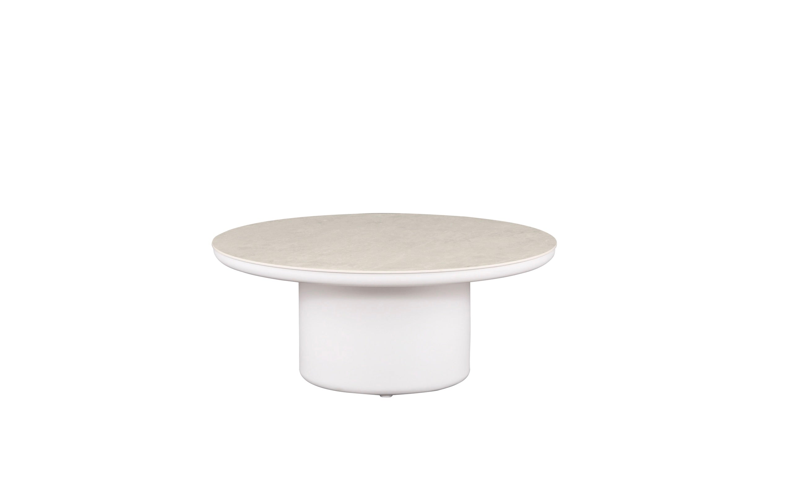 Table basse ronde avec plateau céramique beige et base en aluminium blanc haut de gamme, design modulable et conception.