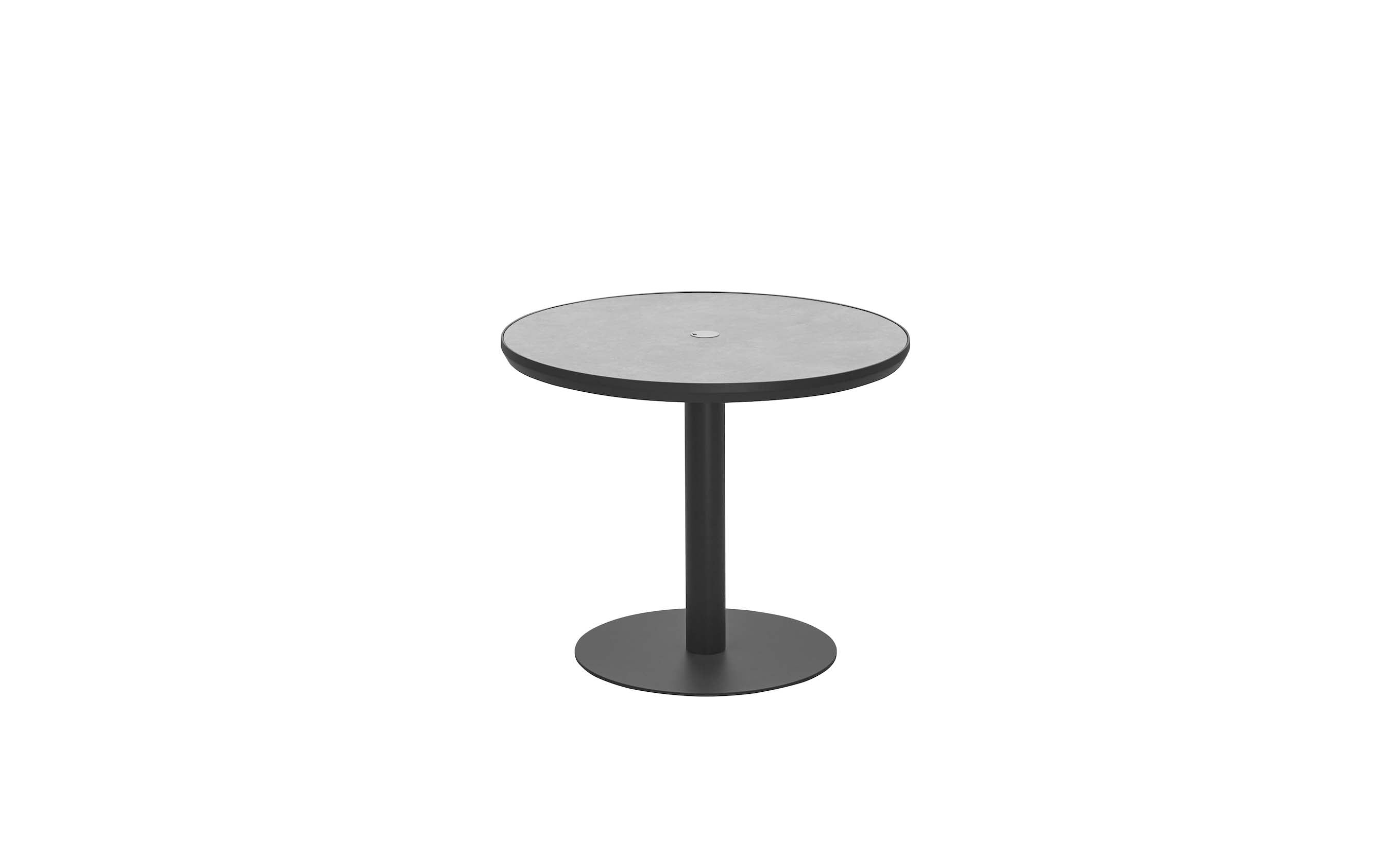 Table de terrasse bistrot ronde en aluminium noir mat avec pied central, design élégant et durable, parfait pour restaurant.