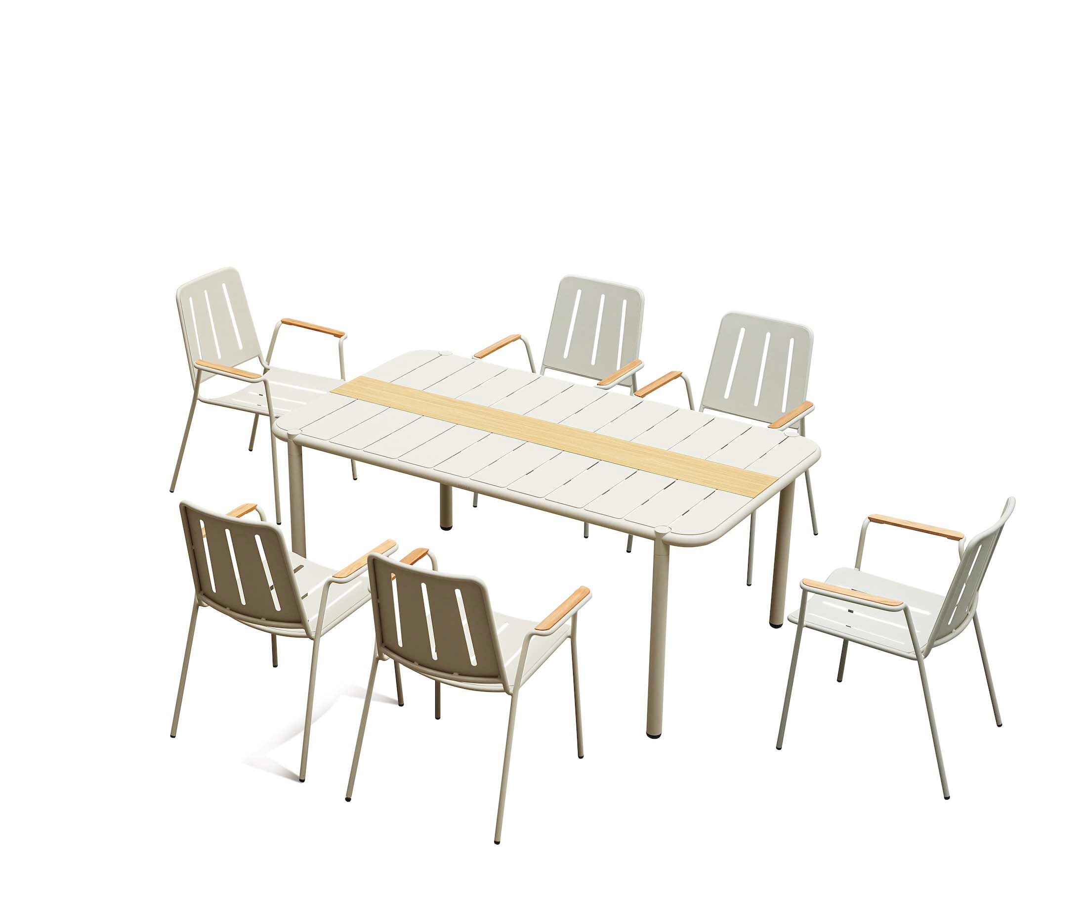Table repas bistrot haut de gamme en aluminium thermolaqué rouge et beige, design élégant méditerranéen avec structure.