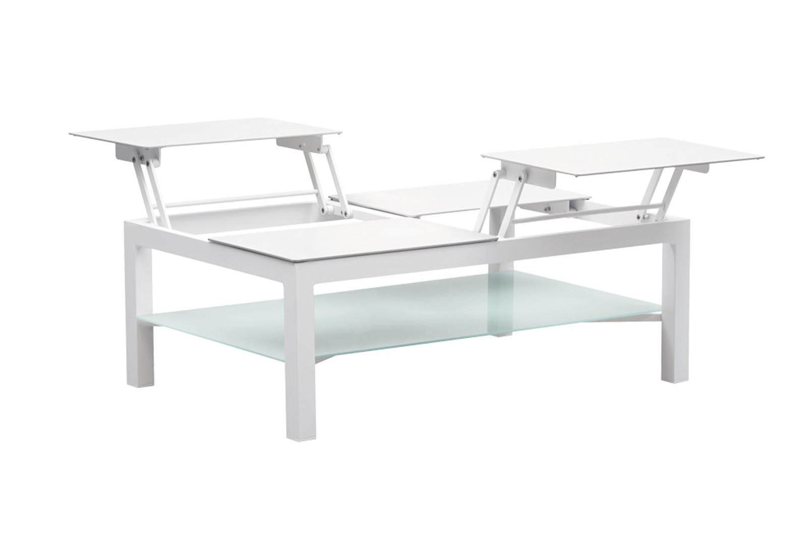 Salon de jardin modulable haut de gamme en aluminium blanc, design épuré et élégant, plateau relevable avec rangements.