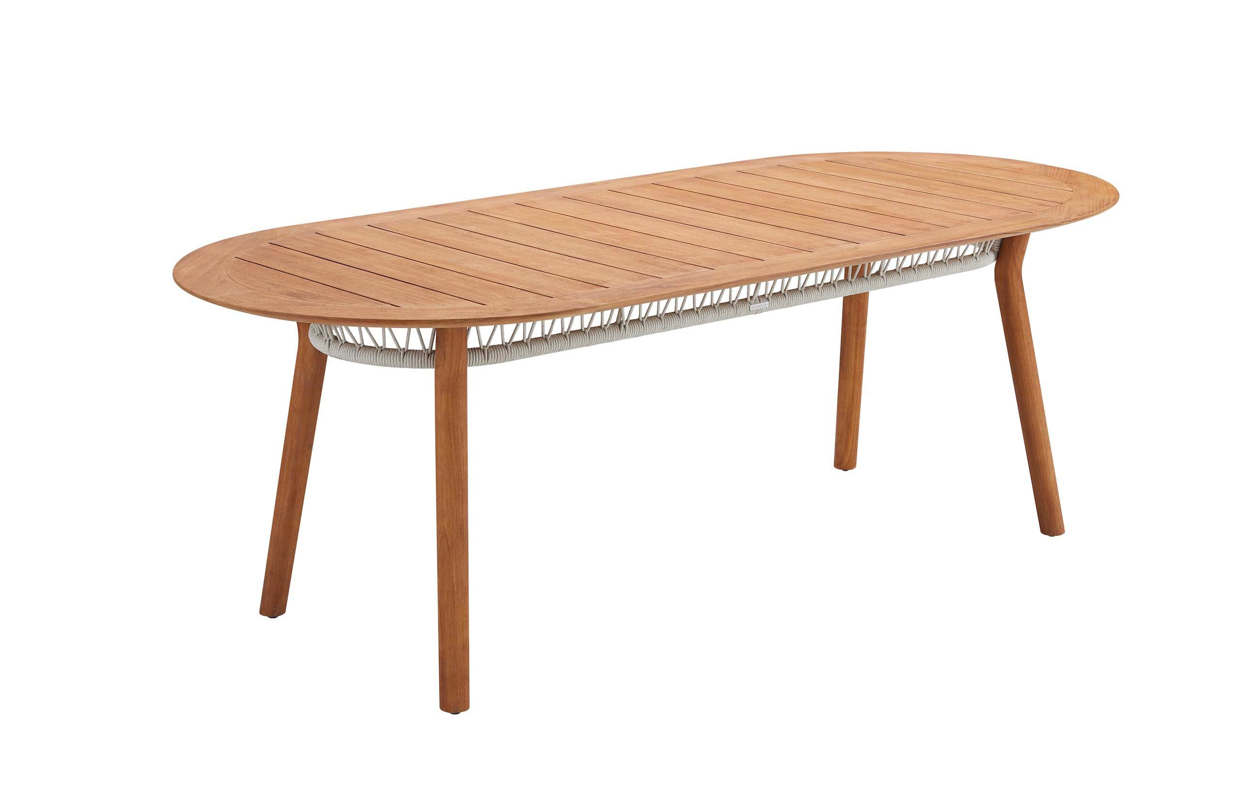 Table de jardin ovale en teck FSC aux pieds élancés, détail en corde tressée sous le plateau, design italien épuré et élégant.