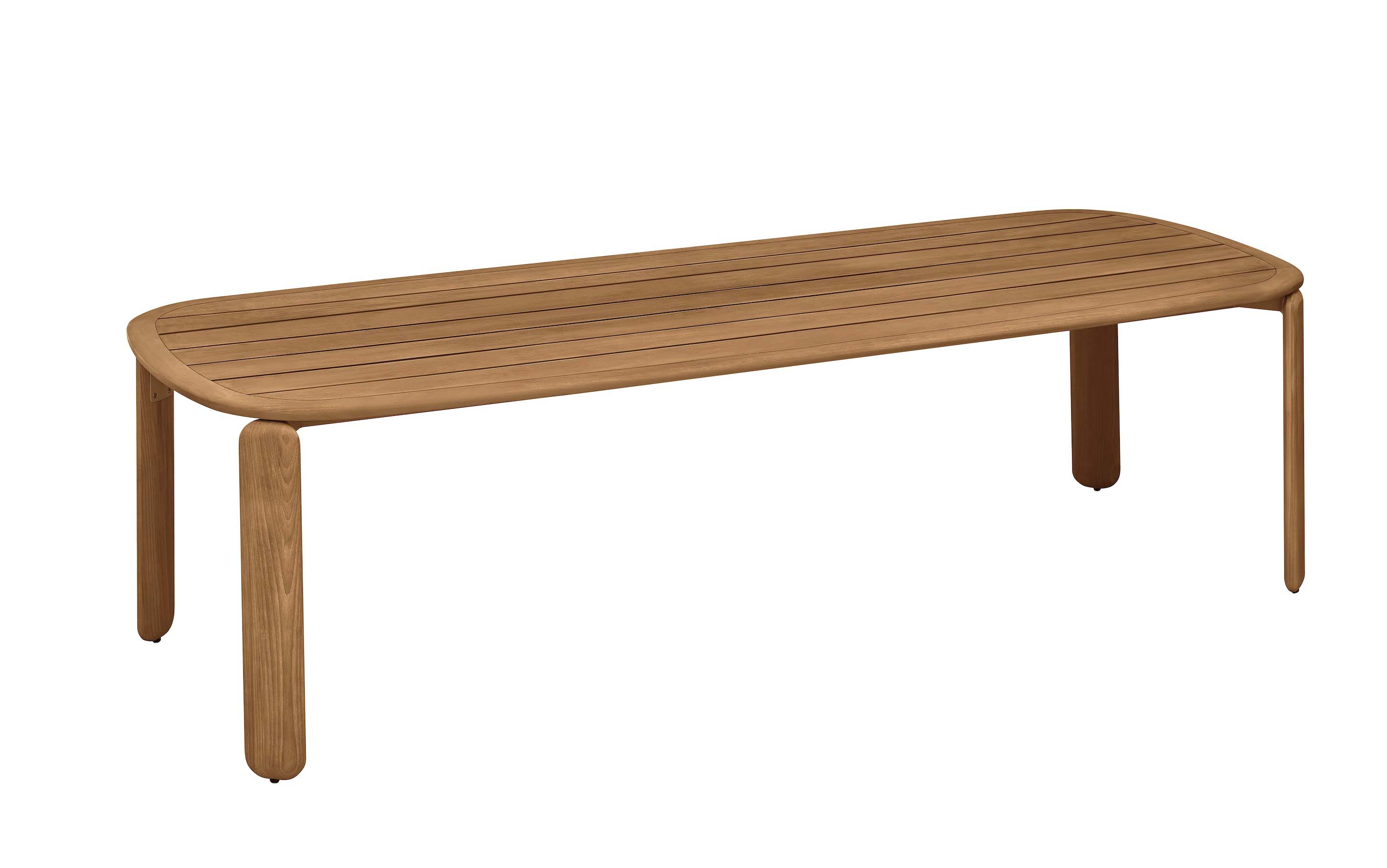 Table de jardin rectangulaire en teck FSC massif avec pieds arrondis, design italien élégant, finition lisse naturelle,.