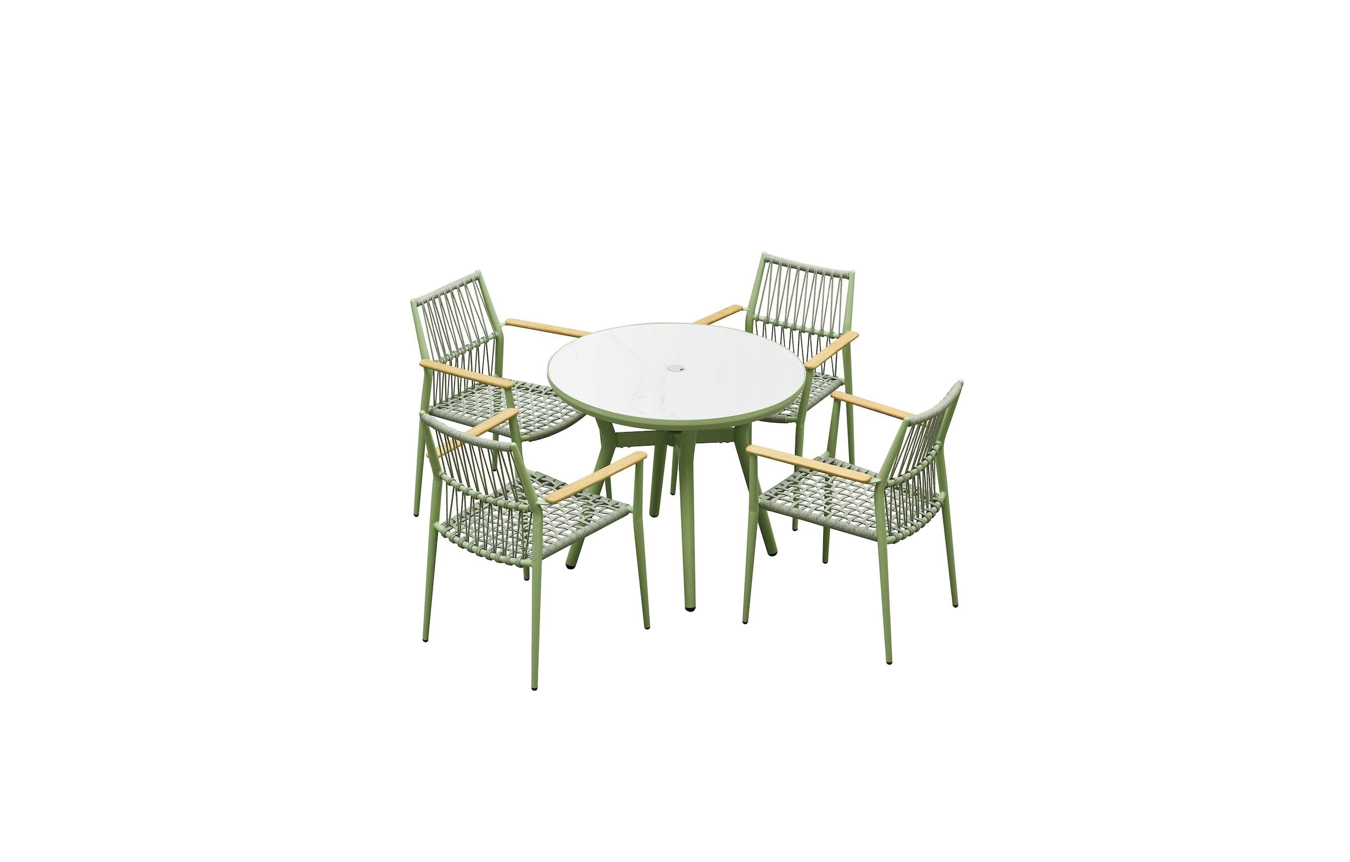 Table ronde de restaurant en aluminium vert avec plateau céramique blanc, 4 chaises assorties en aluminium design bistrot.