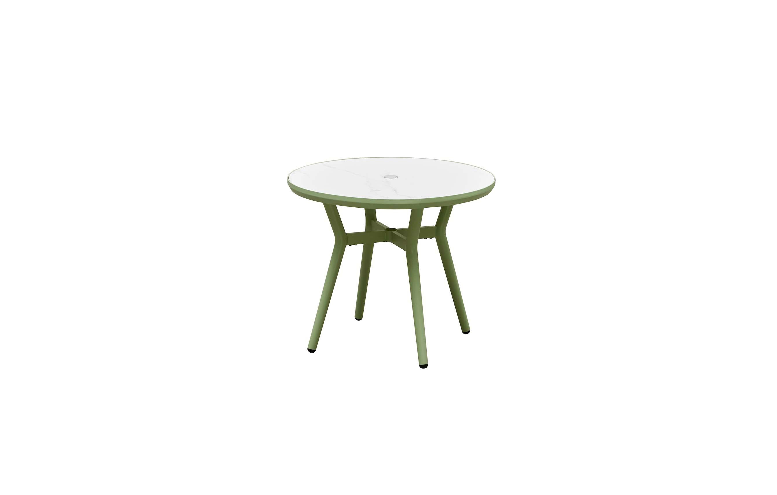 Table bistrot ronde haut de gamme en aluminium vert, design élégant et durable pour terrasse de restaurant.