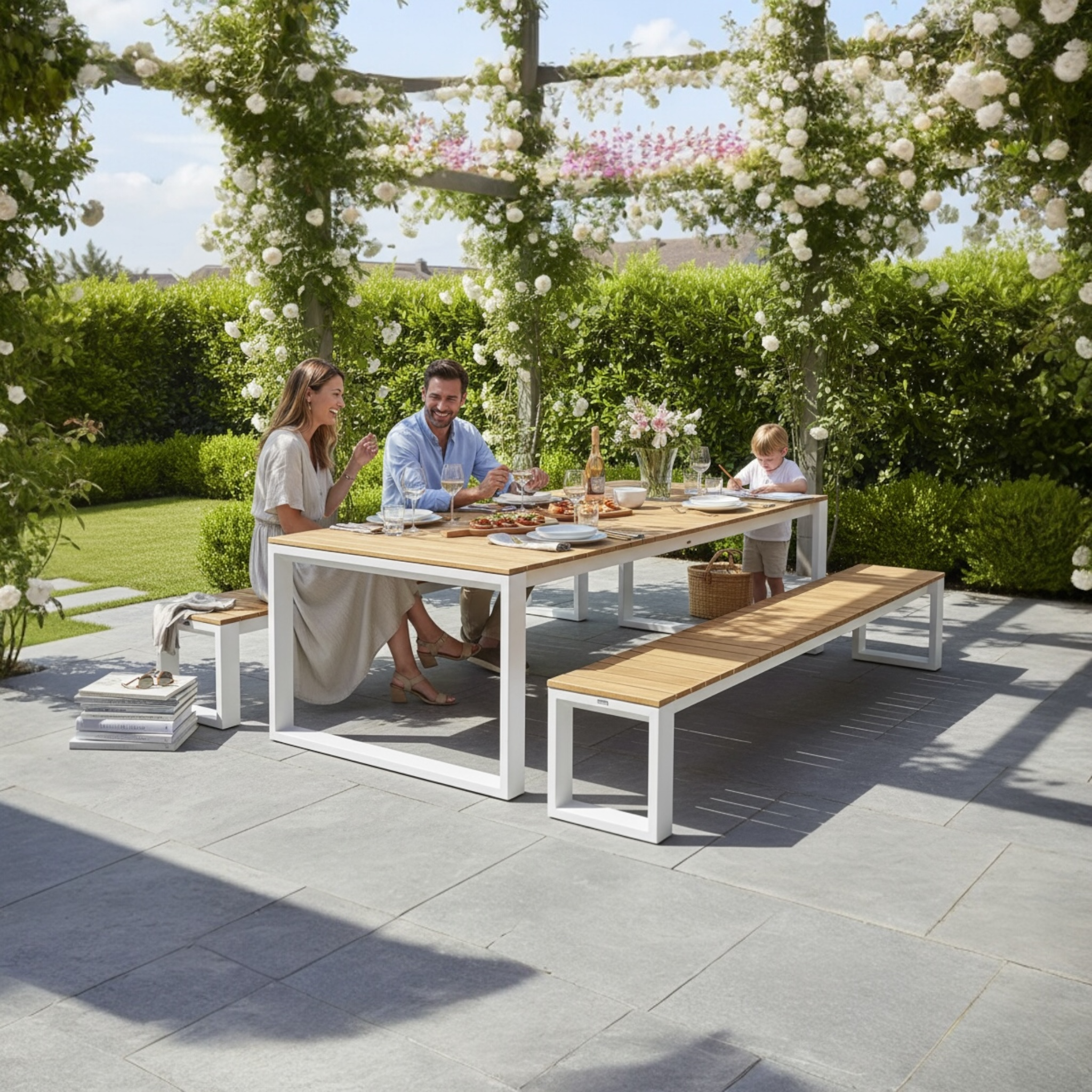 Table de jardin 200 cm en teck FSC et aluminium haut de gamme blanc, avec bancs assortis au design élégant et durable,.