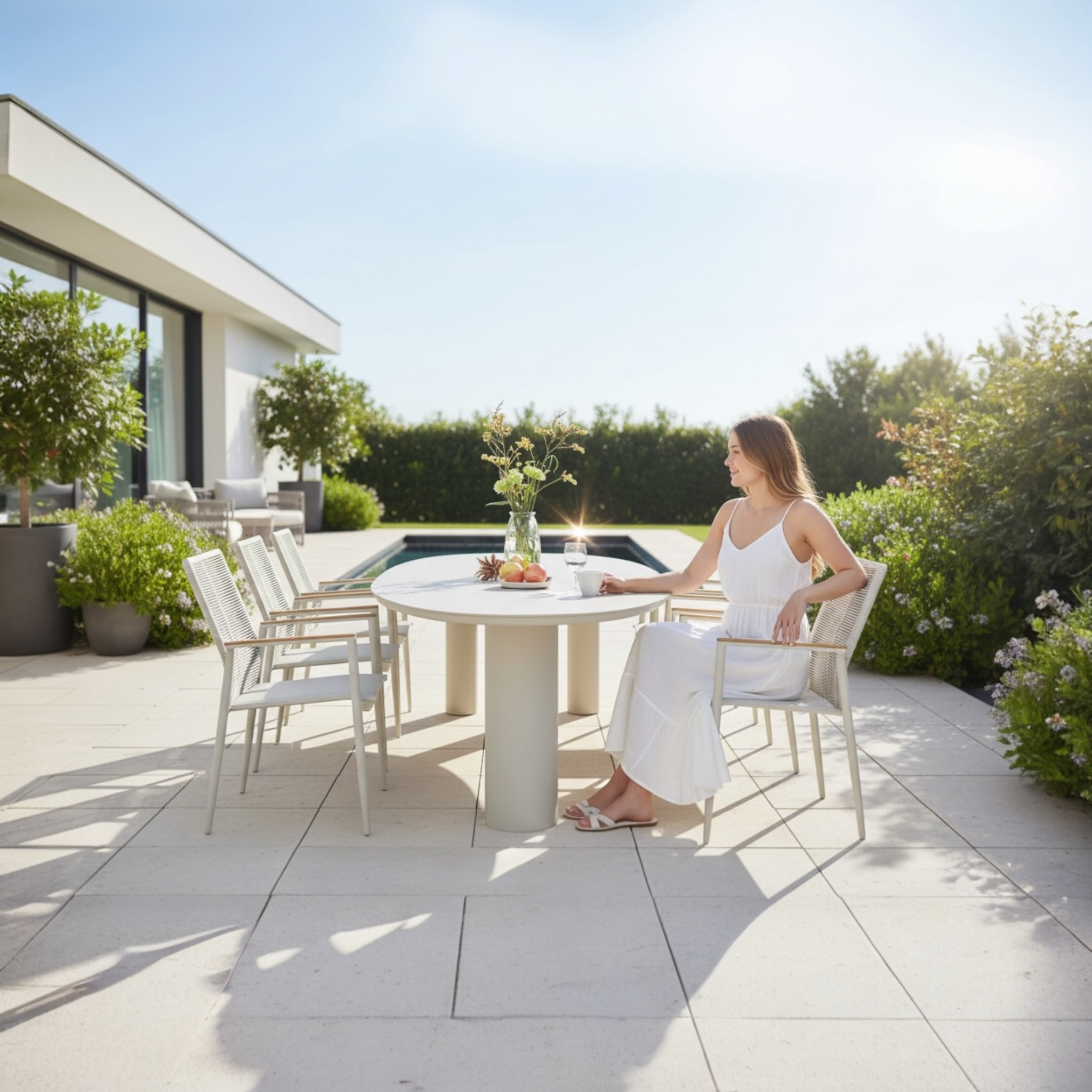Grande table avec plateau en céramique et pied cylindrique en aluminium haut de gamme